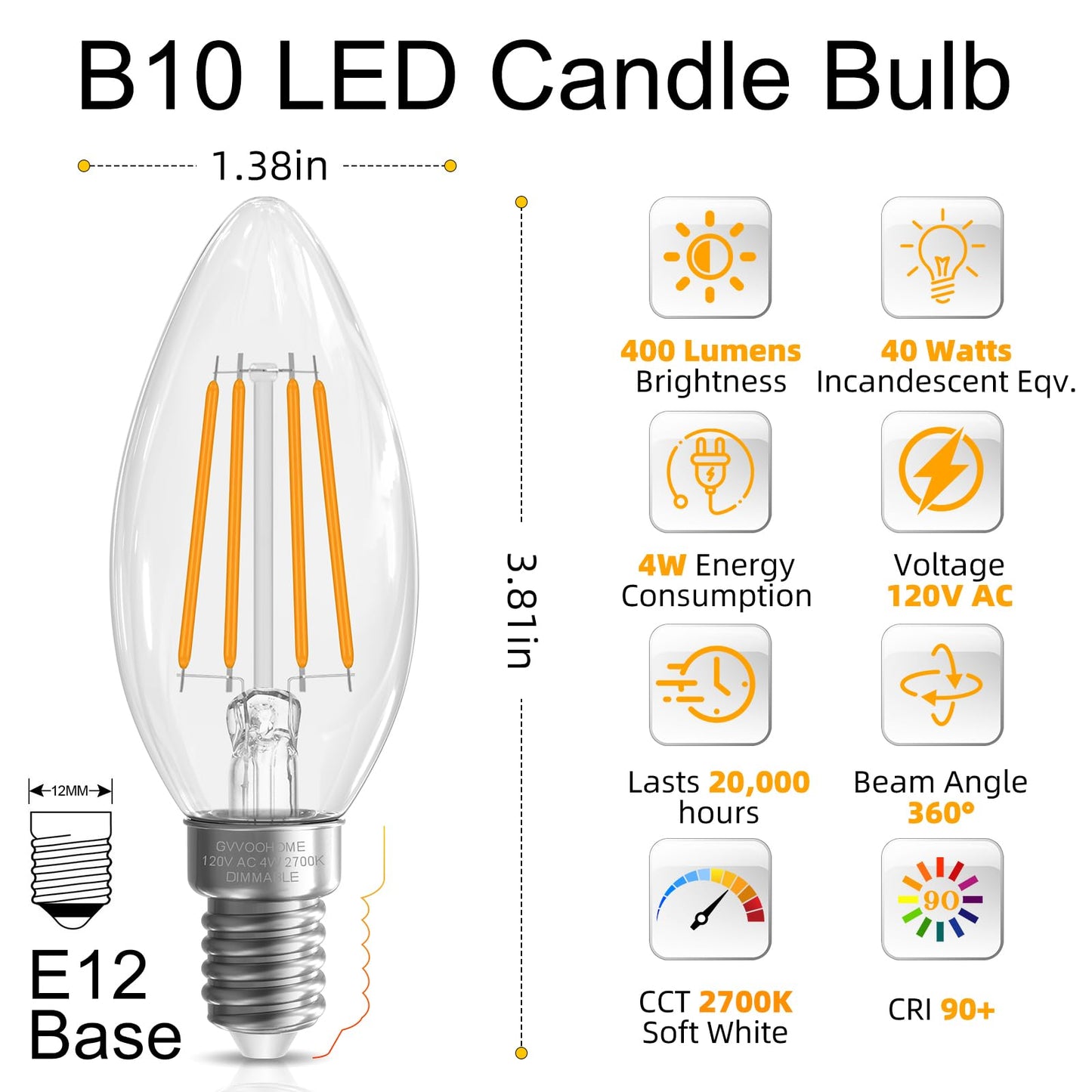 GvvooHome E12 Candelabra Bulb 40 watt Equivalent, E12 LED Bulb Dimmable Chandelier Light Bulbs, B10 Candle Light Bulbs 2700K Soft White, 90+CRI, 400LM, Clear Glass, 12 Pack