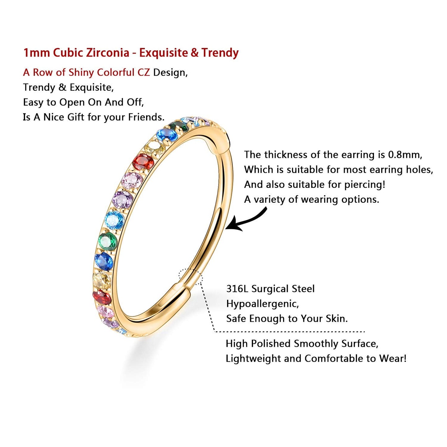 FUNLMO 18G Conch Piercing Jewelry Hoop Earring - Surgical Steel Daith Cartilage Ear Lobe Piercing - 12mm Gold Nose Rings Rainbow