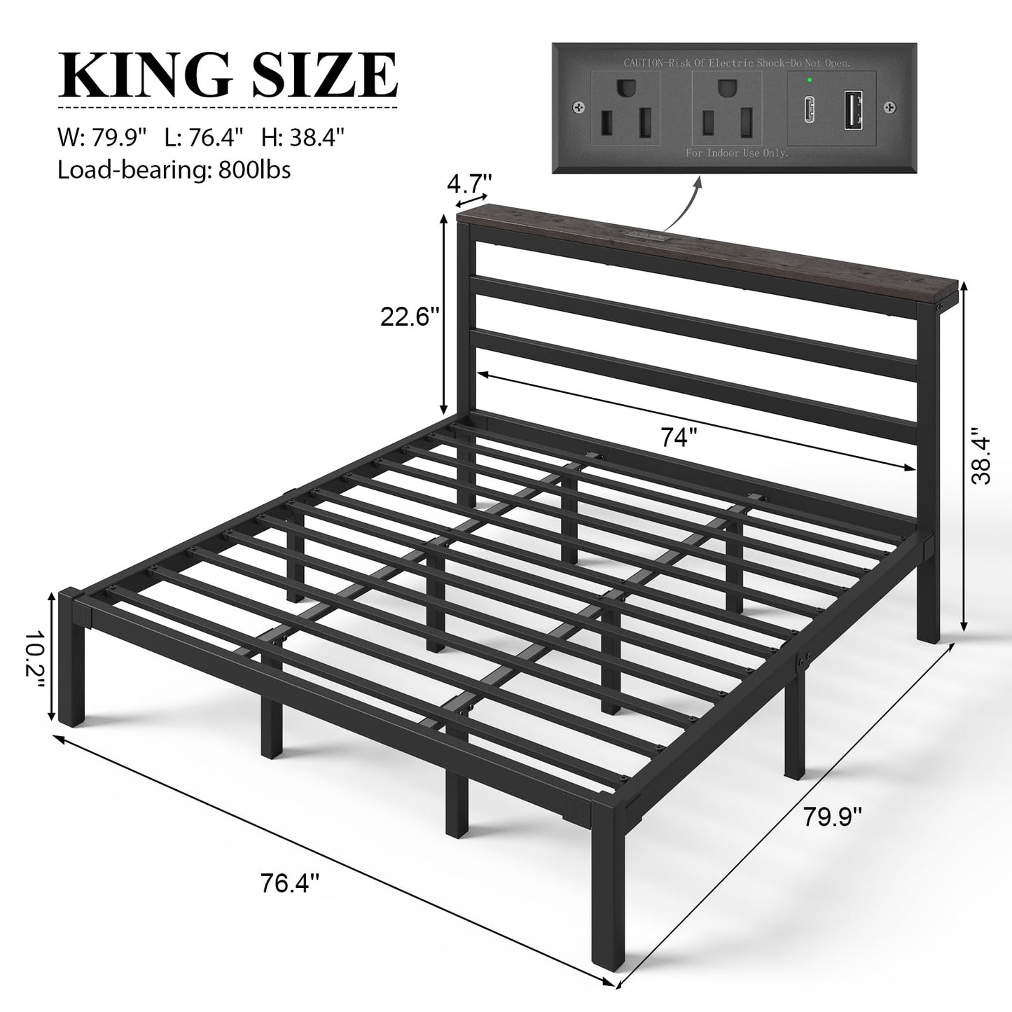 E-Motie King Size Bed Frame with Storage Headboard, Industrial Platform Bed with Charging Station and LED Lights,Underbed Storage Space, No Box Spring Needed, Easy Assembly, Modern, Black