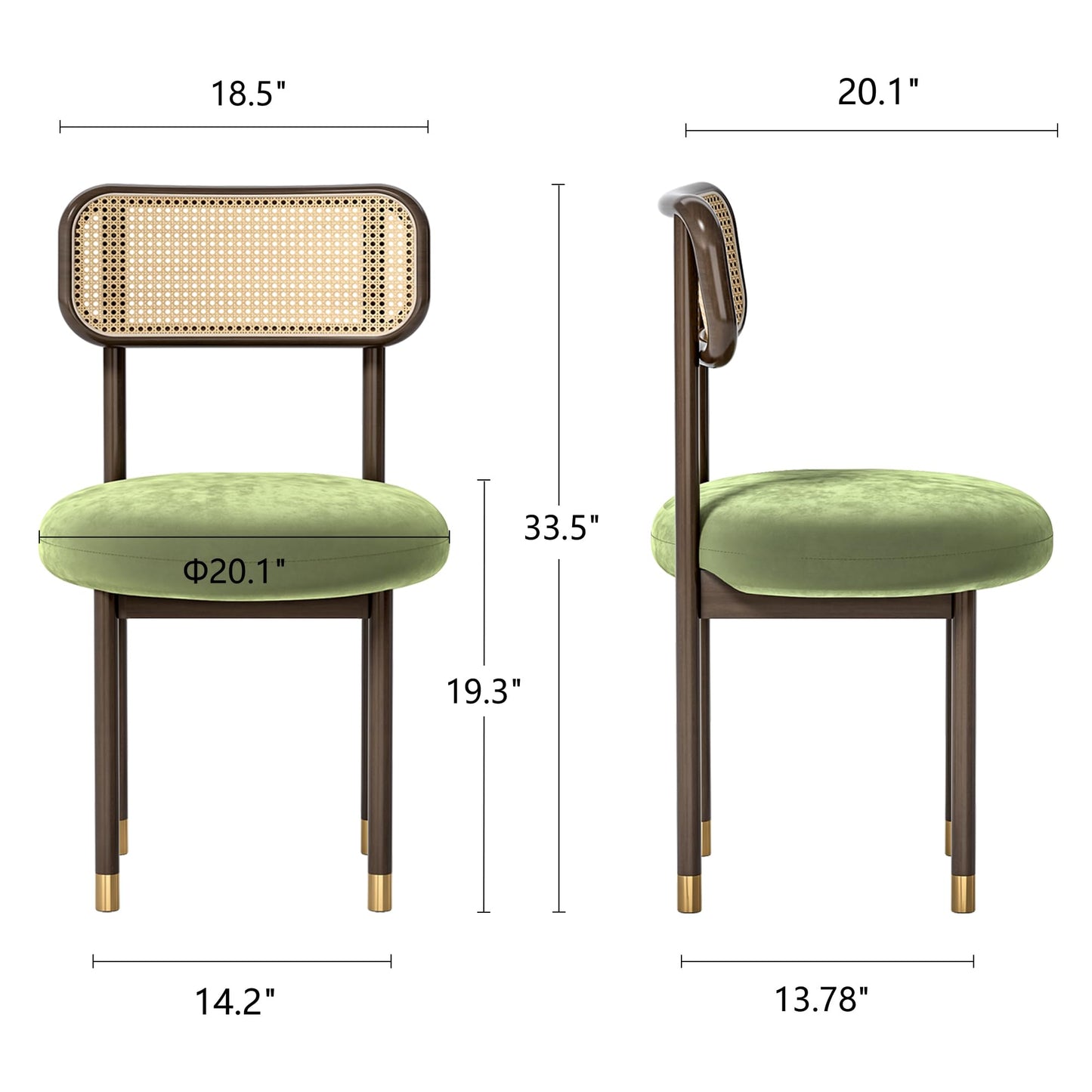 HoeuThien Upholstered Rattan Dining Chairs Set of 4, Mid Century Modern Kitchen Chairs with Curved Back and Solid Wood Legs Armless Accent Chair for Living Room Bedroom Restaurant, Walnut/Green Velvet