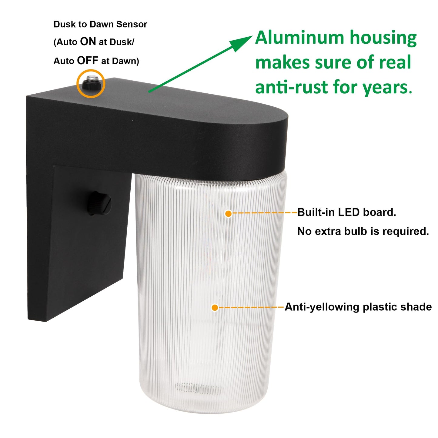 LIT-PaTH Dusk to Dawn Outdoor Wall Lantern, LED Jelly Jar Light, 11W 800 Lumens, 5000K Daylight White, Aluminum Housing Plus Clear Shade, Matte Black Finish, 1-Pack