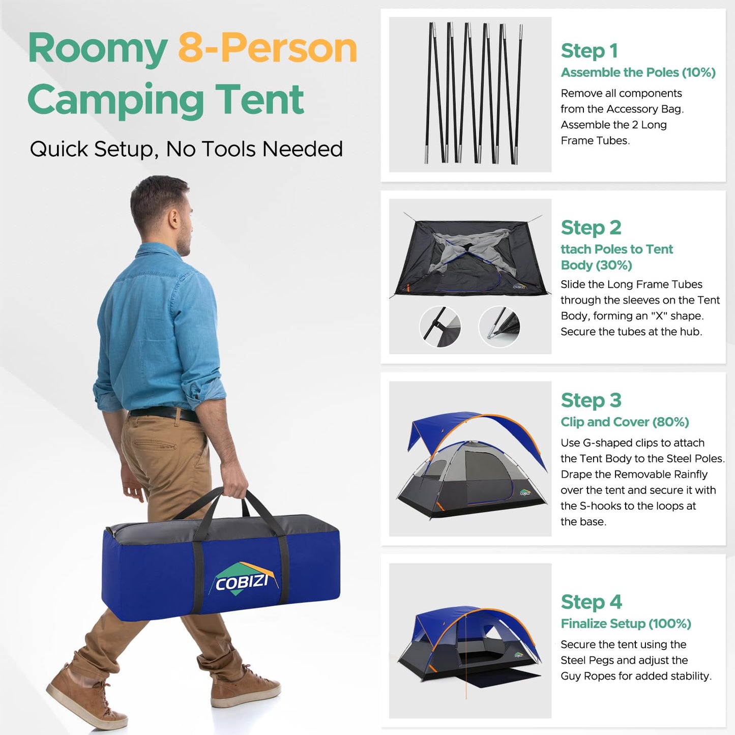 COBIZI Camping Tent, 8 Person Easy Setup Waterproof Windproof Family Tent with Removable Rainfly, Lightweight Portable Outdoor All-Season Dome Tent for Camping, Travel, Fishing, Hiking (Dark Blue)