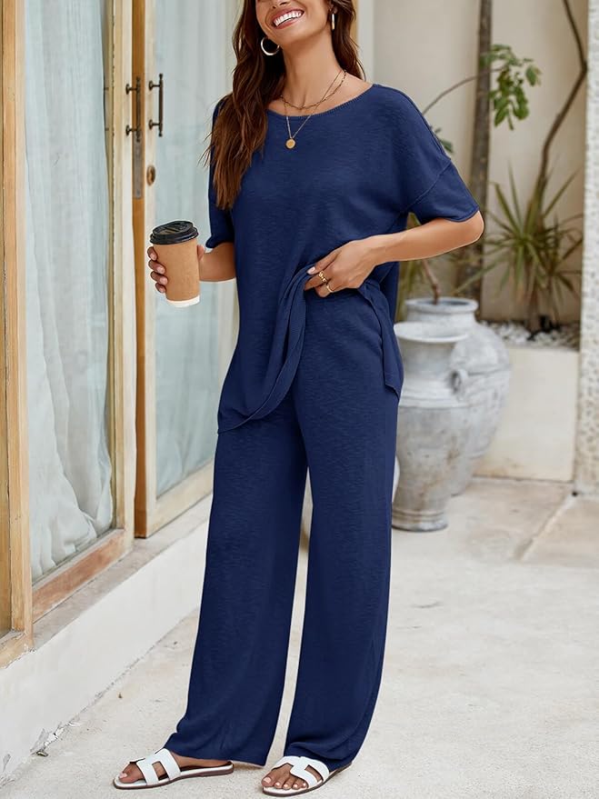 Tankaneo Women's 2 Piece Travel Outfits Casual Short Sleeve Knit Sweater Set Wide Leg Pants Lounge Sets Tracksuit