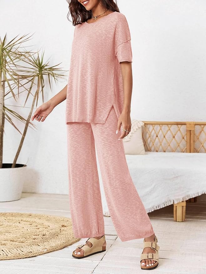 Tankaneo Women's 2 Piece Travel Outfits Casual Short Sleeve Knit Sweater Set Wide Leg Pants Lounge Sets Tracksuit