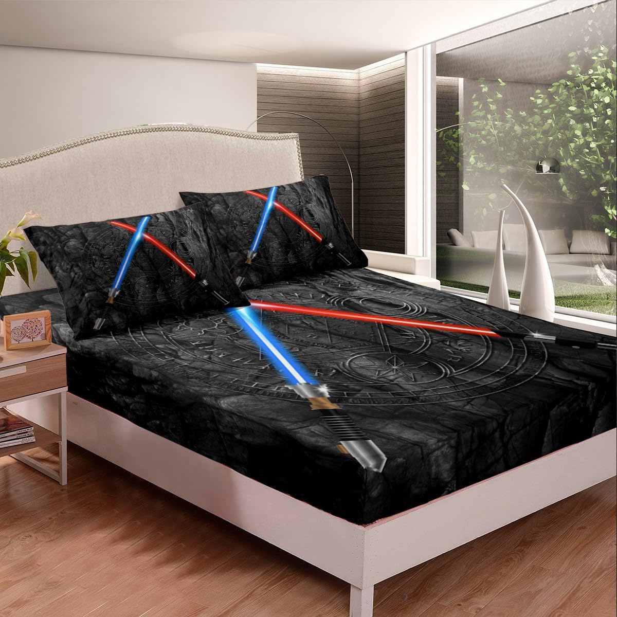 Lightsaber Fitted Sheet Twin Size,3D Neon Blue Red Bedding Set 2 Pcs with 1 Pillowcase,Geometric Sun Moon Pattern Bed Sheets,Kids Boys Teens Room Decor,Black Cool Deep Pocket Sheet, (No Flat Sheet)