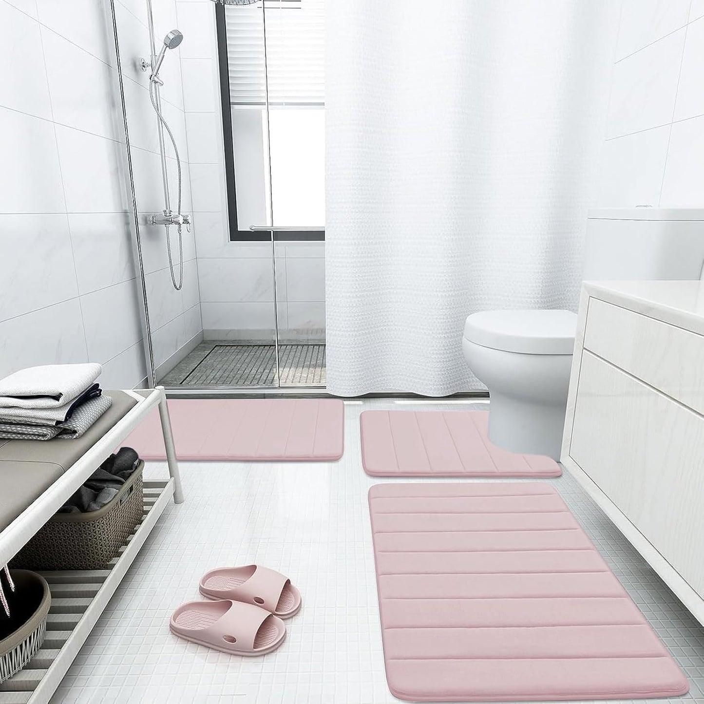 Buganda Memory Foam Bath Mat, 47" x 17", Ultra Soft and Non-Slip Bathroom Rugs, Water Absorbent and Machine Washable Bath Rug Runner for Bathroom, Shower, and Tub, Peach