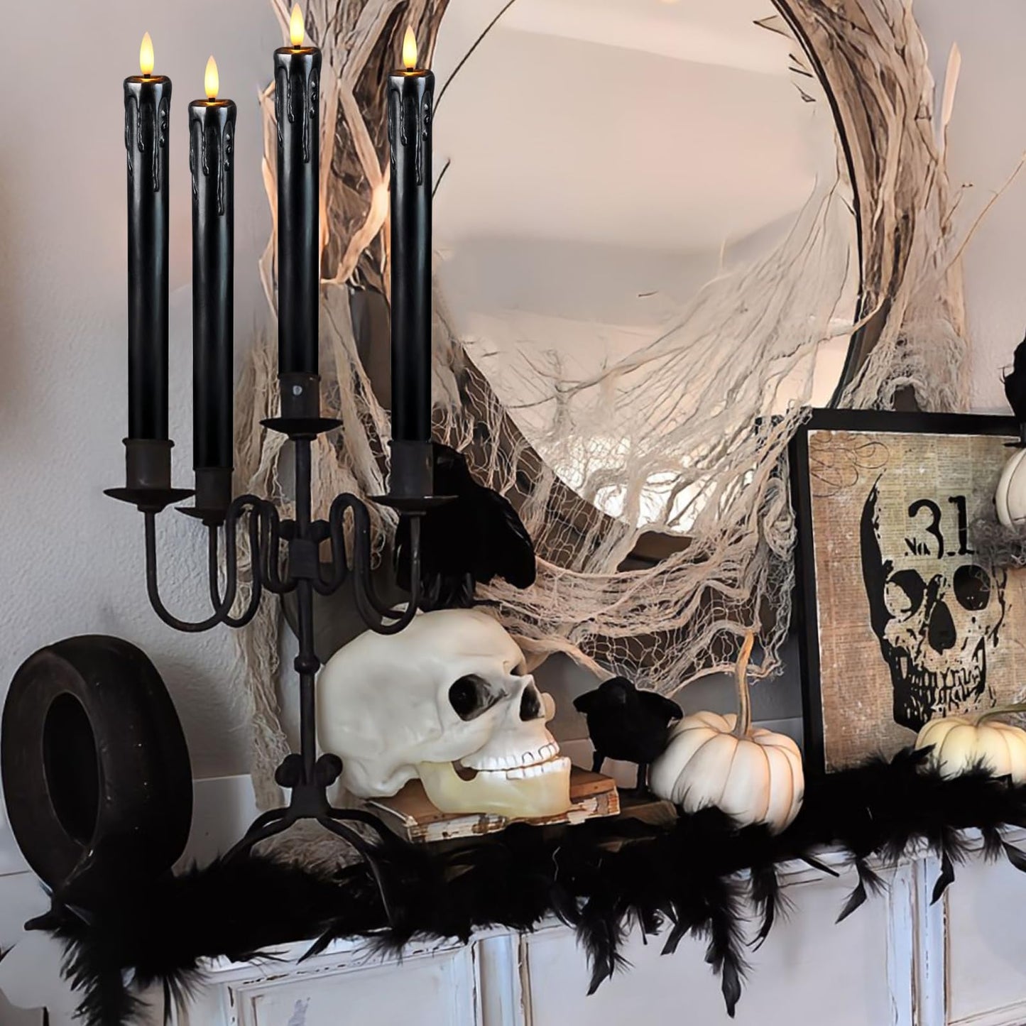 Lezonic Black Flameless Taper Candles Battery Operated with Remote, Long LED Candlesticks Flickering Real Wax Set of 6, 9.5 inch Battery Candles with Realistic 3D Flame for Halloween
