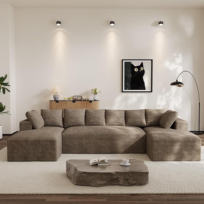 Modular Sectional Sofa, 130" U Shaped Cloud Couch Plush Corduroy Comfy Deep Seat Boneless Sofas with 8 Pillows Double Chaise Lounge Sectional Couches with Memory Foam for Living Room - Camel