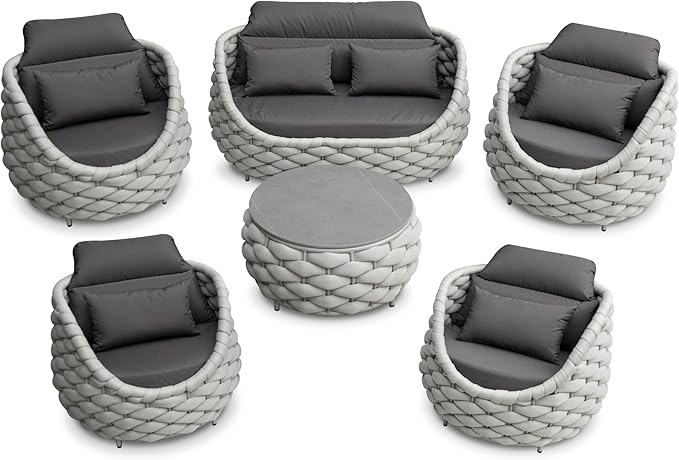 Erotr Cushioned Outdoor Patio Furniture Set: 6 Pieces Aluminum Porch Conversation Sofa Set - Modern Hand Woven Rope Deck Couch Set - No Assembly All Weather for 661lbs Yard Garden Poolside Hotel, Gray