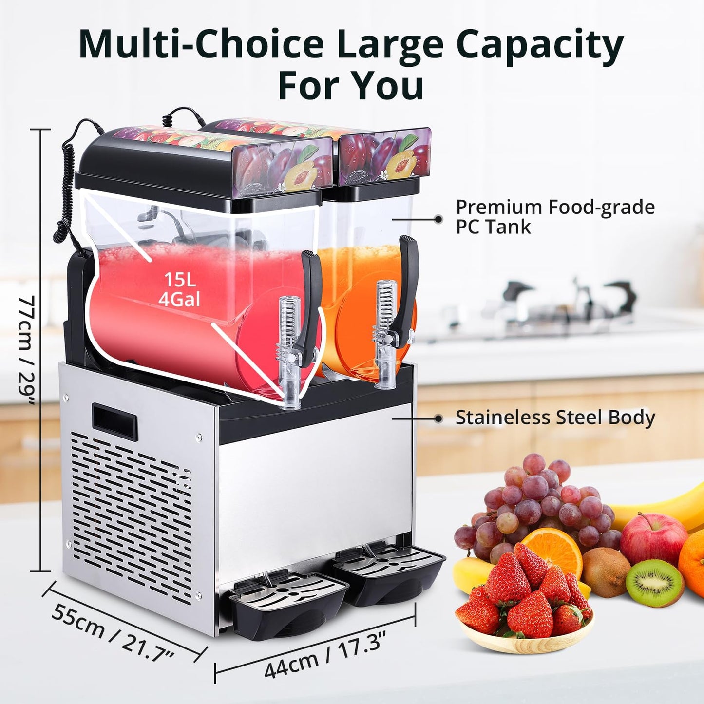 GarveeTech Commercial Slushy Machine, 15 L*2 slushy machine for home, 700W Professional cocktail margarita Frozen Drink Maker with Automatic cleaning mode, Stainless Steel Construction, Efficient