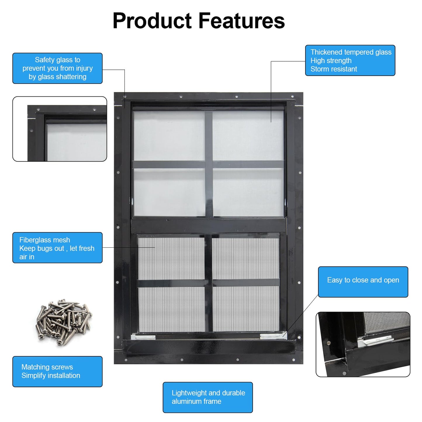 NeatiEase 2 Pack Shed Window with Black Frame, 24 x 36 Flush Mount Small Window with Tempered Glass and Fiberglass Screen for Shed, Chicken Coop, Playhouse, Household, Garage