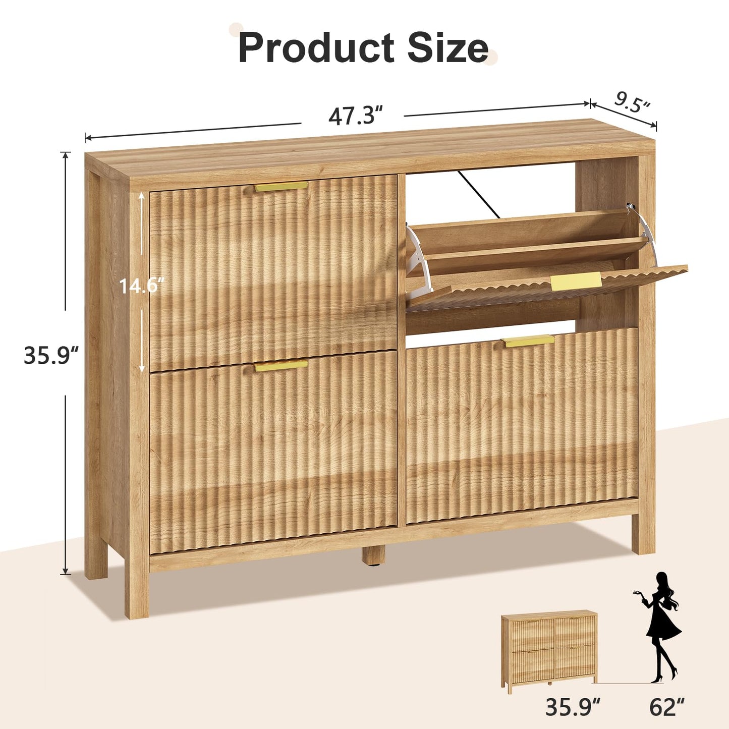 YOMILUVE Shoe Cabinet Storage for Entryway, Fluted Shoe Cabinet with 4 Flip Drawers, Hidden Shoe Rack Freestanding Wooden Shoe Organizer with Legs for Hallway, Oak