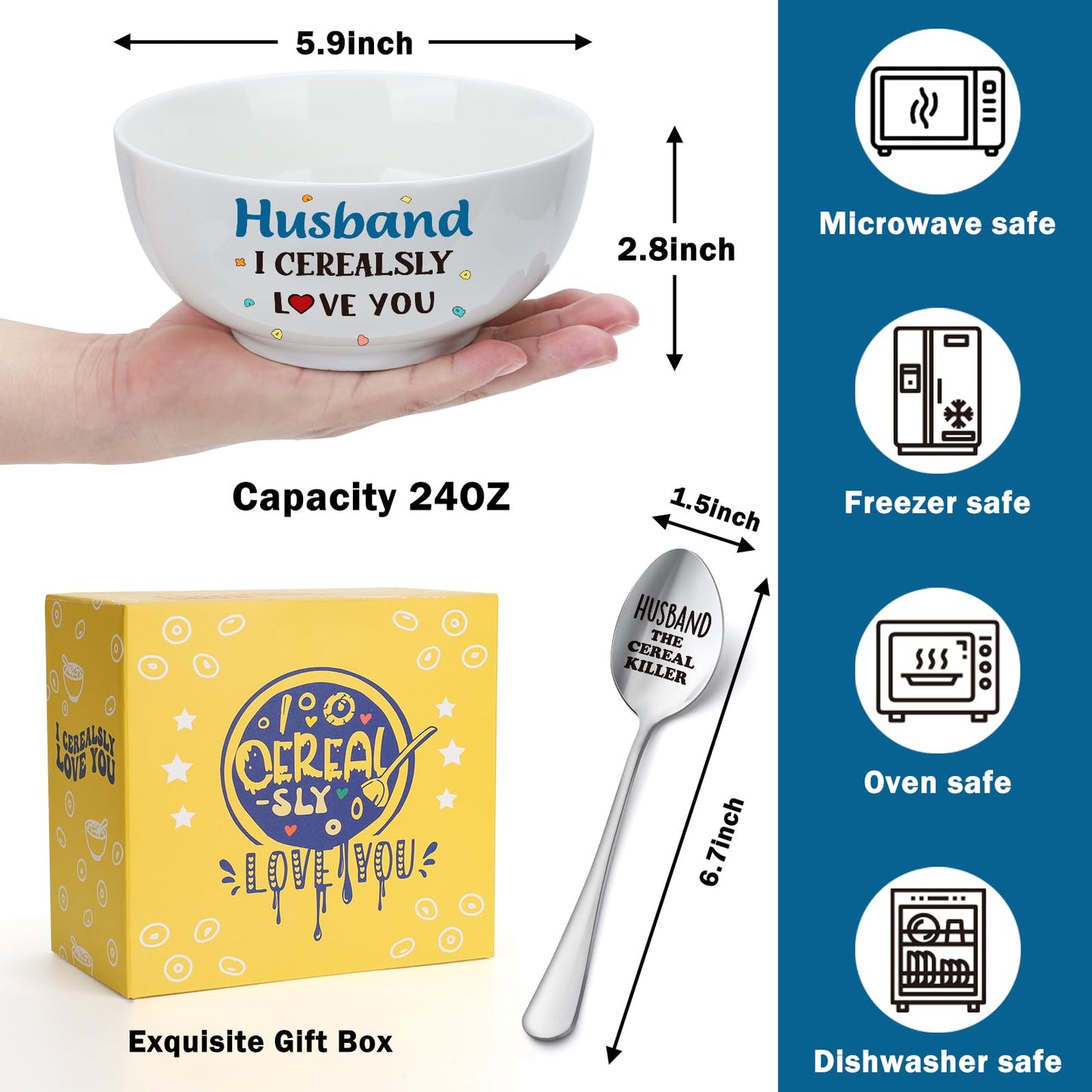 Husband Gifts for Birthday Fathers Day,Best Ever Husband Gifts for Wedding Anniversary from Wife,Funny Cereal Bowl and Cereal Killer Spoon Sets Present for Valentines Day Christmas