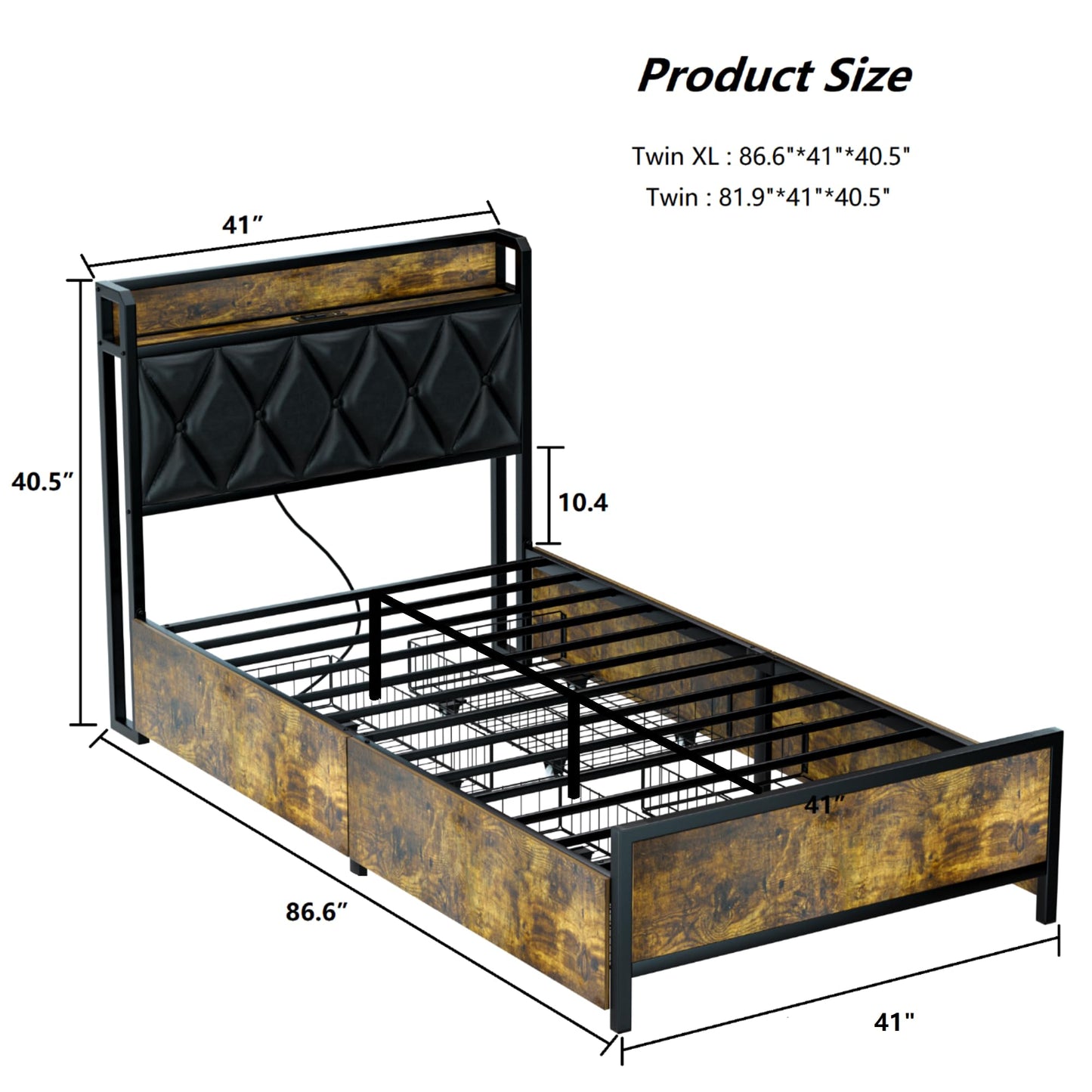GAZHOME Twin XL Bed Frame with 4 Storage Drawers and Charging Station, Twin XL Upholstered Platform Bed Storage Headboard, No Box Spring Needed, Heavy Duty Slats, Noise Free, Easy Assembly