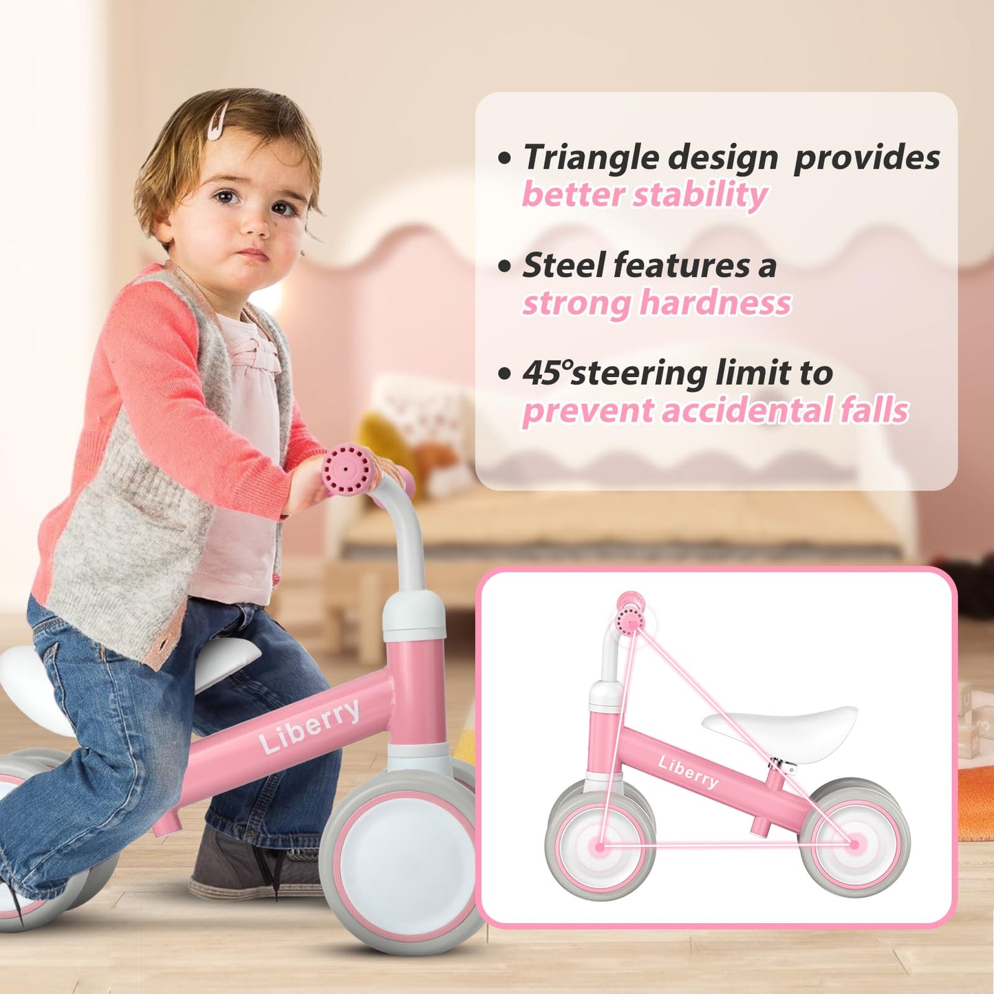 Liberry Baby Balance Bike for 1 Year Old Girls, 4 Wheels Toddler Balance Bike with Adjustable Seat, 12-24 Months Infant's First Birthday Gift (Pink)