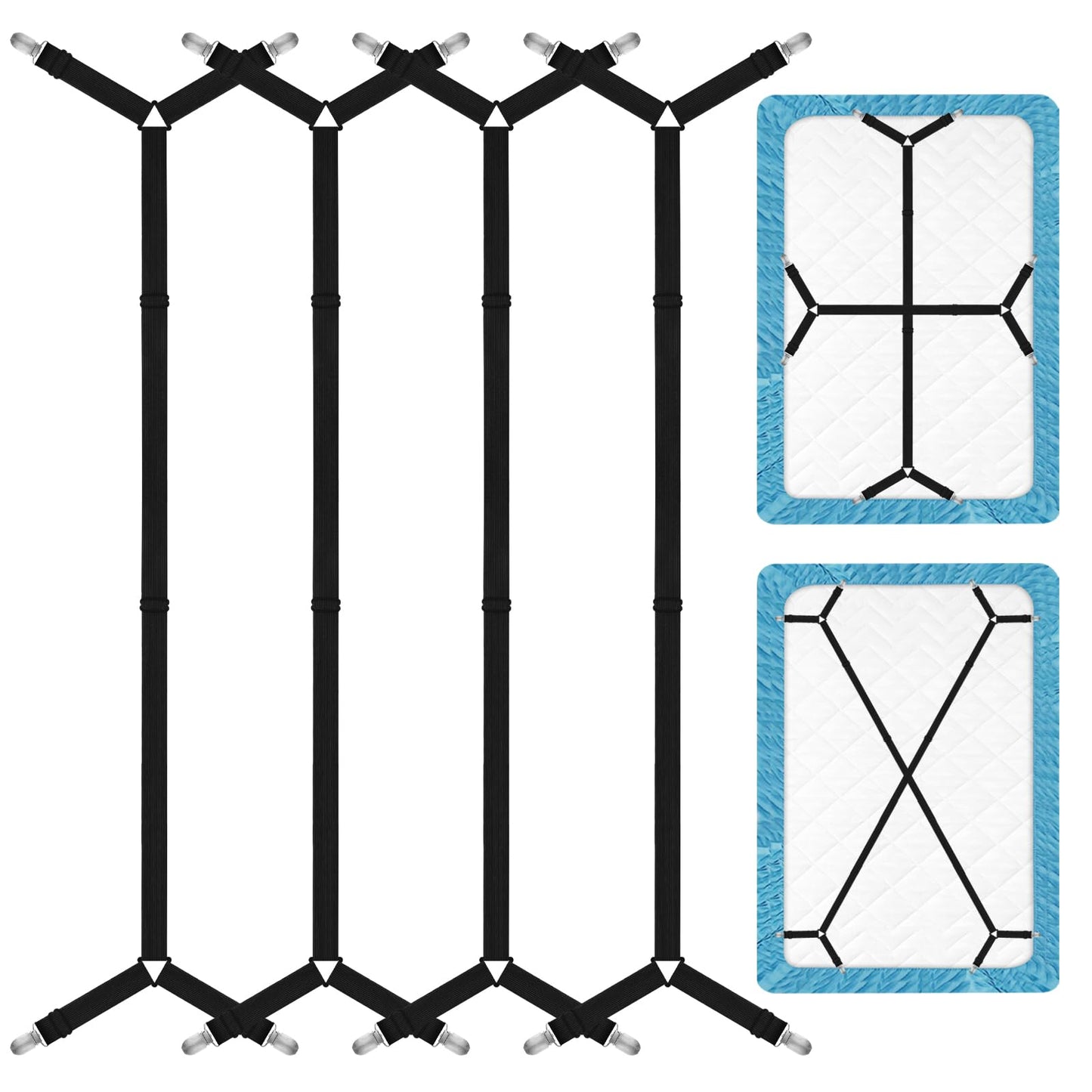 XIZIX Bed Sheet Straps, 4 Pcs Adjustable Bed Sheet Holder Straps, Black Bed Sheet Clips Fasteners Keep Sheets in Place(4 Pcs/Black)