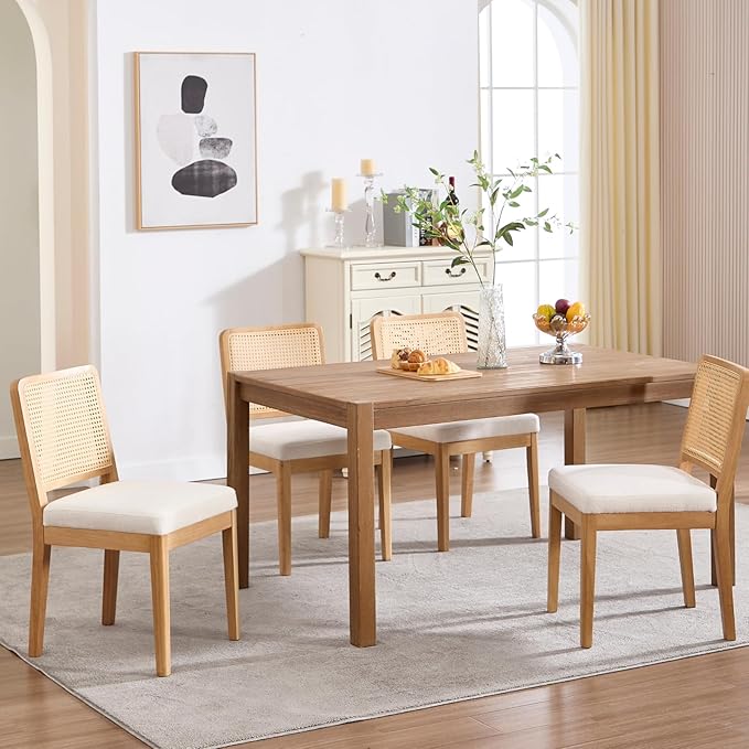 LukeAlon Set of 6 Farmhouse Dining Chairs - Modern Woven Cane Back, Plush Chenille Upholstered Seat, Solid Wood Legs, Mid Century Kitchen & Dining Room Chairs, Comfortable Accent Side Chairs, White