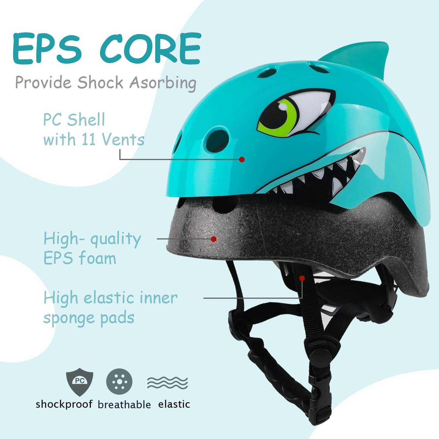 Kids Toddler Bike Helmet, Adjustable and Multi-Sport for Child Infant Baby, 2 Sizes for Age 1-2-3-4-5 Years Boys Girls (Blue Shark, Small)