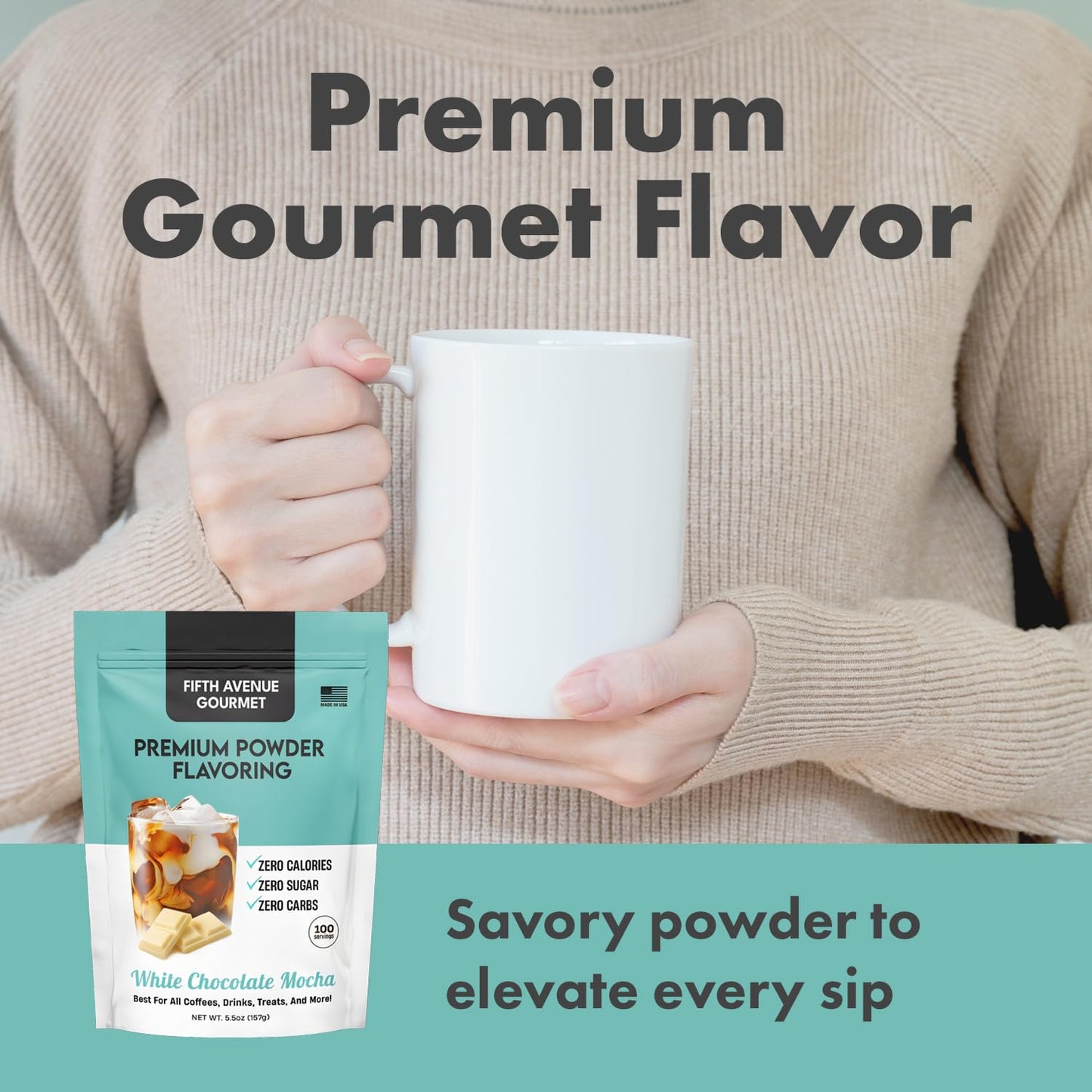 Fifth Avenue Gourmet Premium Powder Flavoring, Zero Sugar & Calories, 157g Powder Flavoring for Coffee, Drinks & Treats, Ideal for Keto & Low-Carb Lifestyles - 100 Servings, White Chocolate Mocha