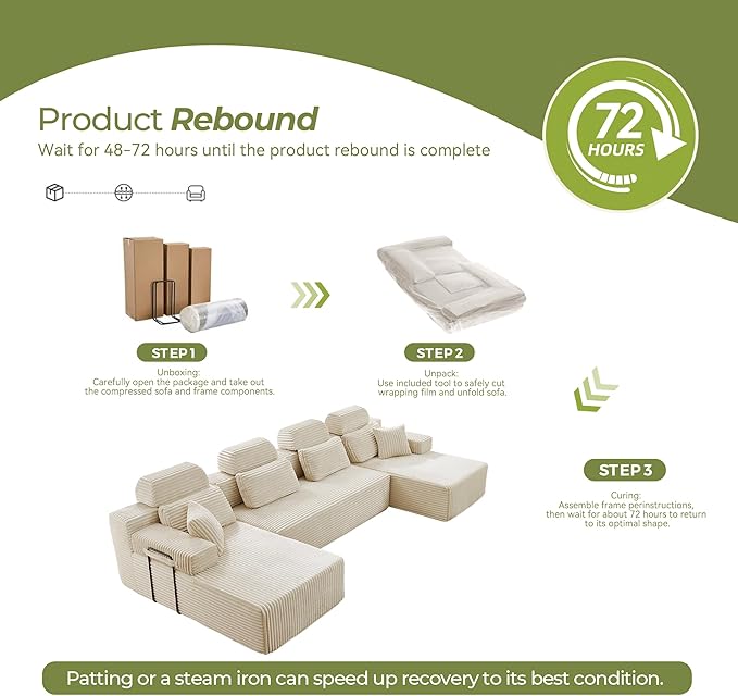 141" U-Shaped Cloud Modular Sectional Sofa with Chaise & Headrest, Boneless Deep Seat Plush Corduroy Couches for Large Living Room, No Assembly Required (White, 141" U-shapred Chaise)