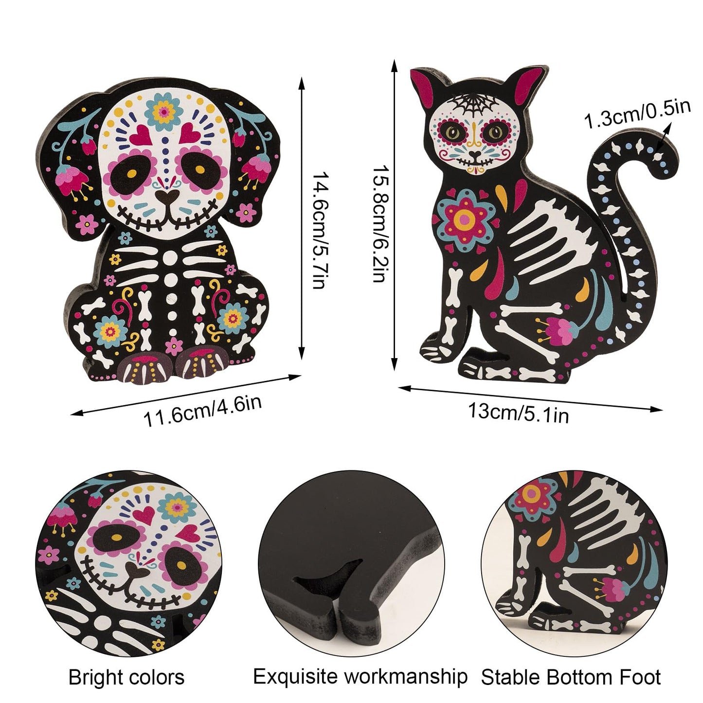 flangairy Wooden Day of The Dead Dog Cat Figurine, 2 Piece Dia De Los Muertos Ofrenda Altar Sugar Skulls Altar Table Decorations, Mexican Halloween Indoor Tiered Tray Shelf Tabletop Decor for Home
