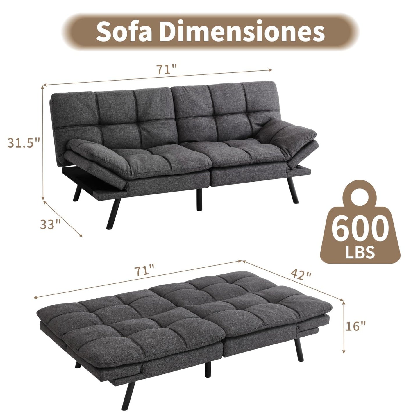 Opoiar 71" Convertible Futon Sofa Bed & Sleeper Couch - Memory Foam Loveseat Sofa with Adjustable Backrest/Armrest for Small Space, Apartment, Living Room - Grey