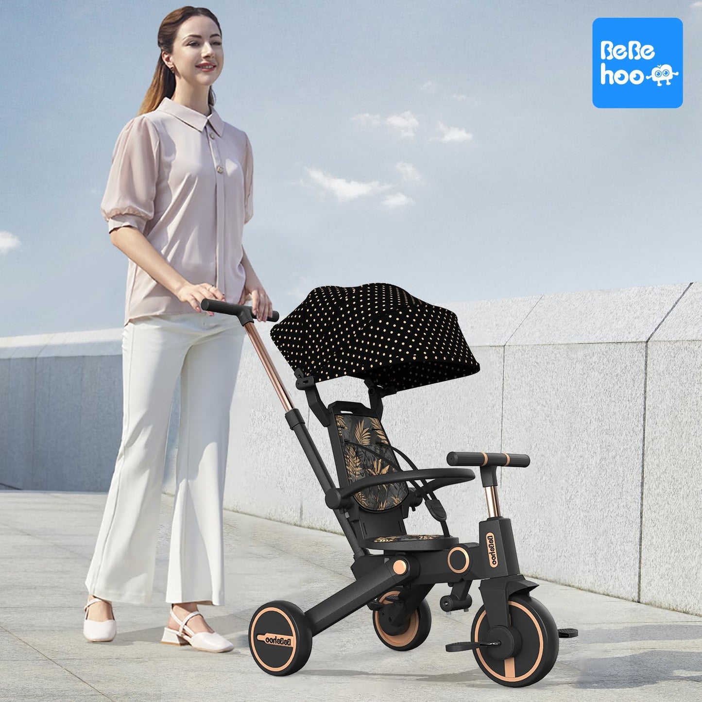 Bebehoo Tricycle Stroller for Toddler,Foldable Baby Tricycle,Kids Balance Bike with Push Handle,Toddlers Stroller Bike with 1 to 5 Years,7-in-1 Push Tricycle Bike for Kids(Gold)