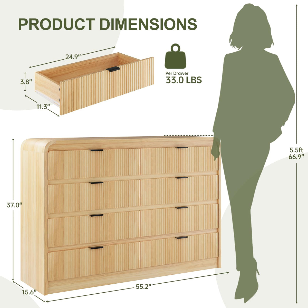 FURSUN Fluted 8 Drawers Dresser for Bedroom, 55" Wide Wooden Dresser with Metal Handle, Curved Profile Design, Modern Storage Organizer for Living Room, Hallway, Natural Oak