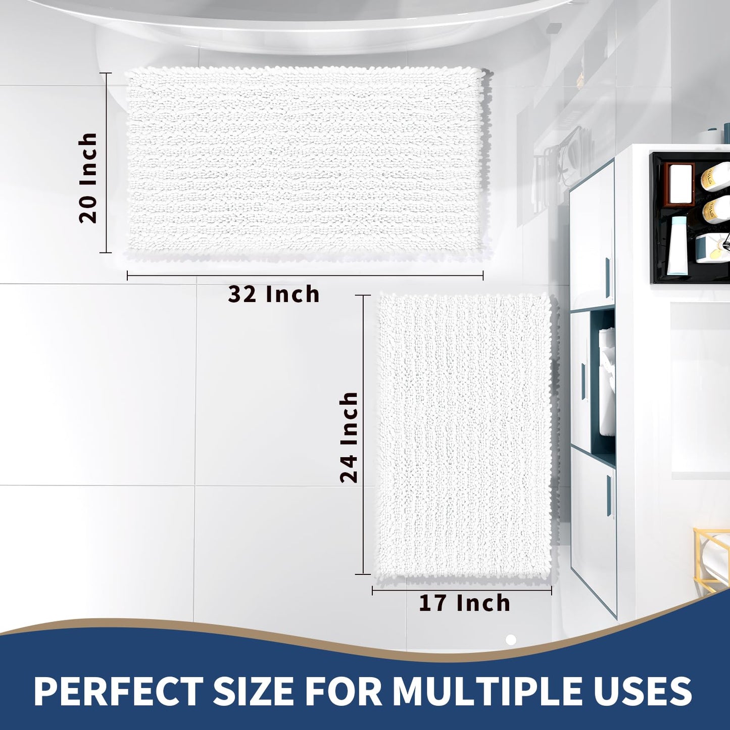 Yimobra Bathroom Rugs Sets 2 Piece - Luxury Chenille Shaggy Bath Mat, Super Absorbent & Non Slip & Quick Dry, Soft Thick Bathroom Carpet for Tub Shower Floor, Machine Washable, 32x20+24x17 Inch, White