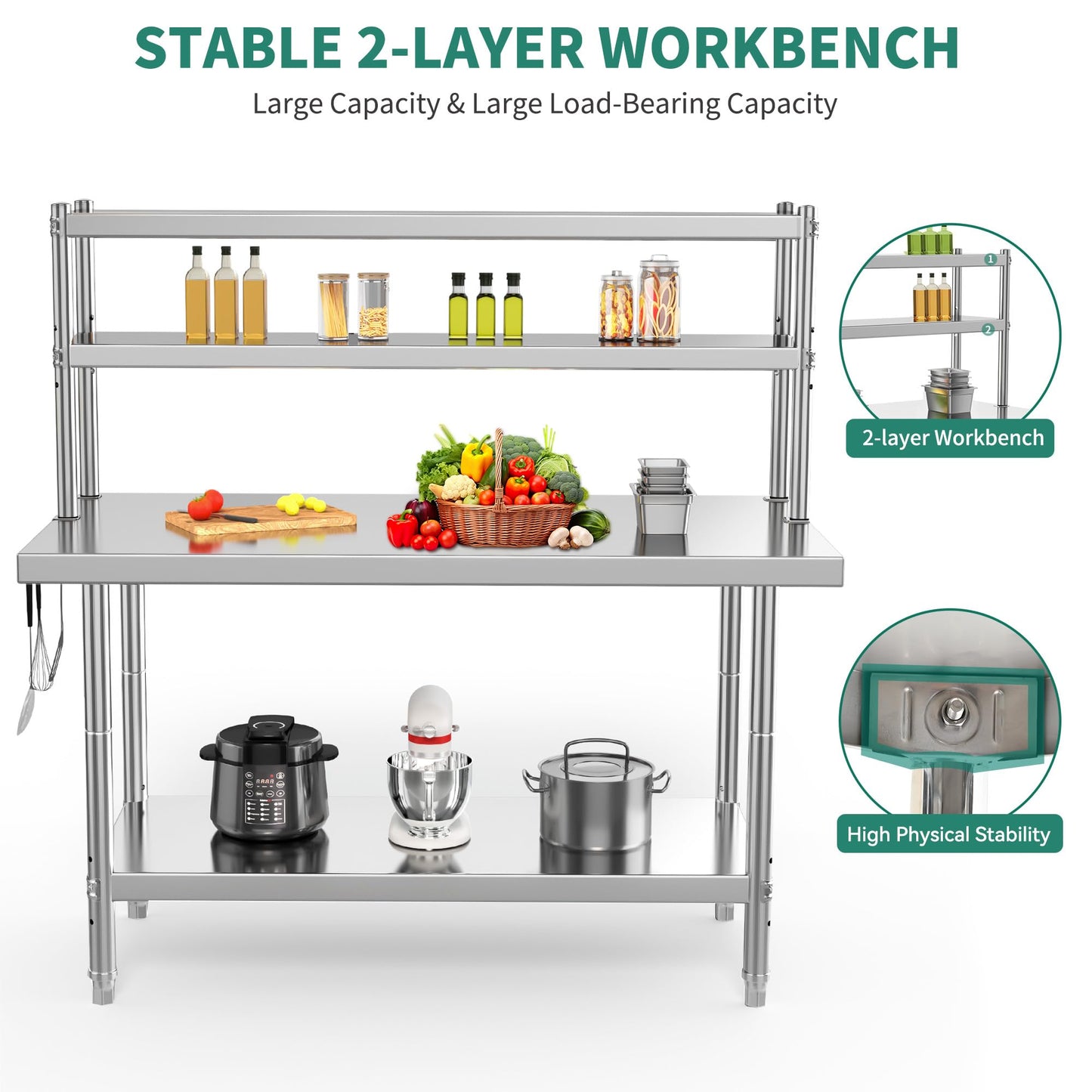 YITAHOME NSF Stainless Steel Table with Overshelves, 42" X 24" Work Table with 42" X 12" Shelf, Metal Table Prep Table for Home Kitchen Restaurant Garage Warehouse