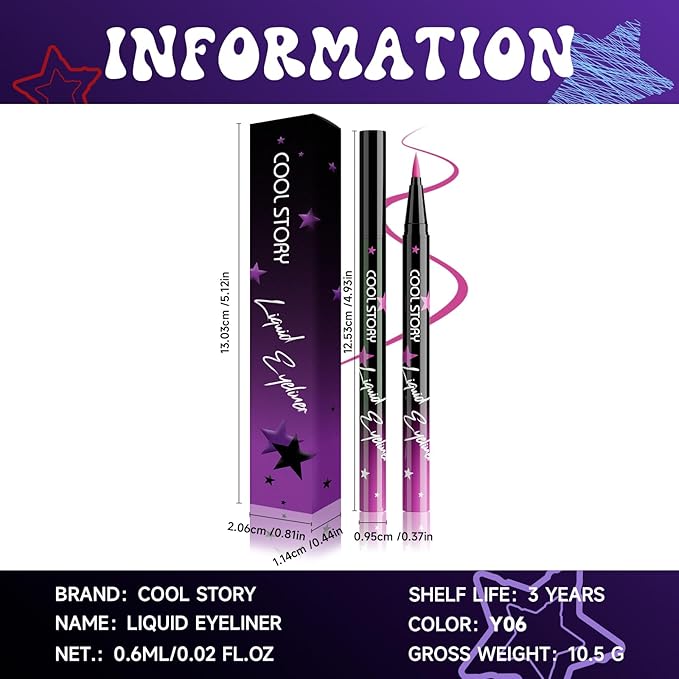 COOL STORY Liquid Eyeliner Waterproof Smudge Proof Eye Liner, 24H Long-Lasting, 0.6ml/0.02 fl.oz (Pink)