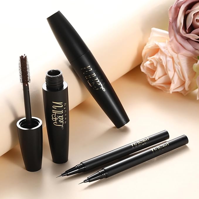 4D Mascara And Eyeliner Set Black Brown Long Lasting Mascara Waterproof Eyeliner Kit (Black)