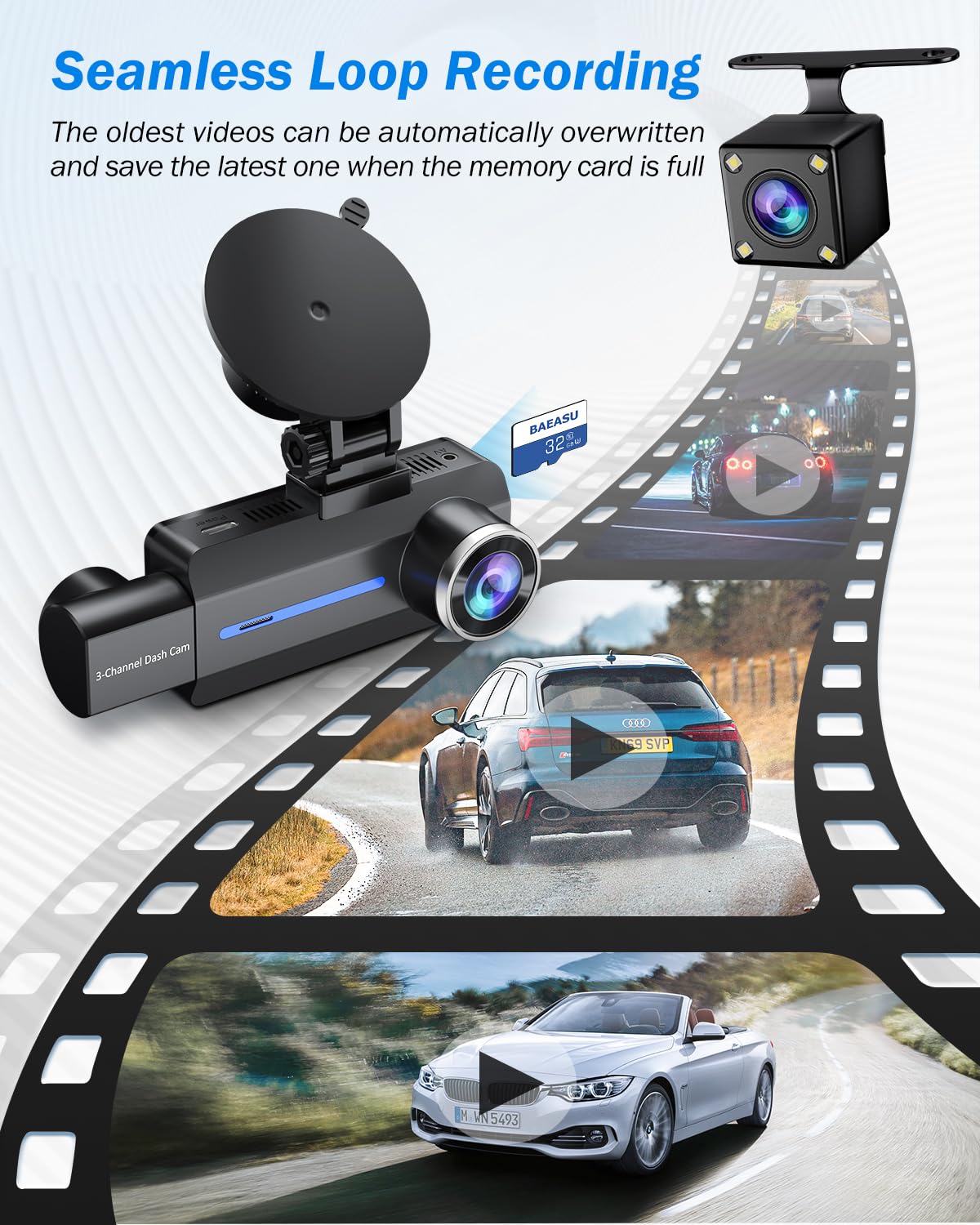 Baeasu Dash Cam Front And Rear 2.5K/1440P, 3 Channel Dash Camera For Cars Dash Cam Front Rear And Inside With 32Gb Card, 3.16 I