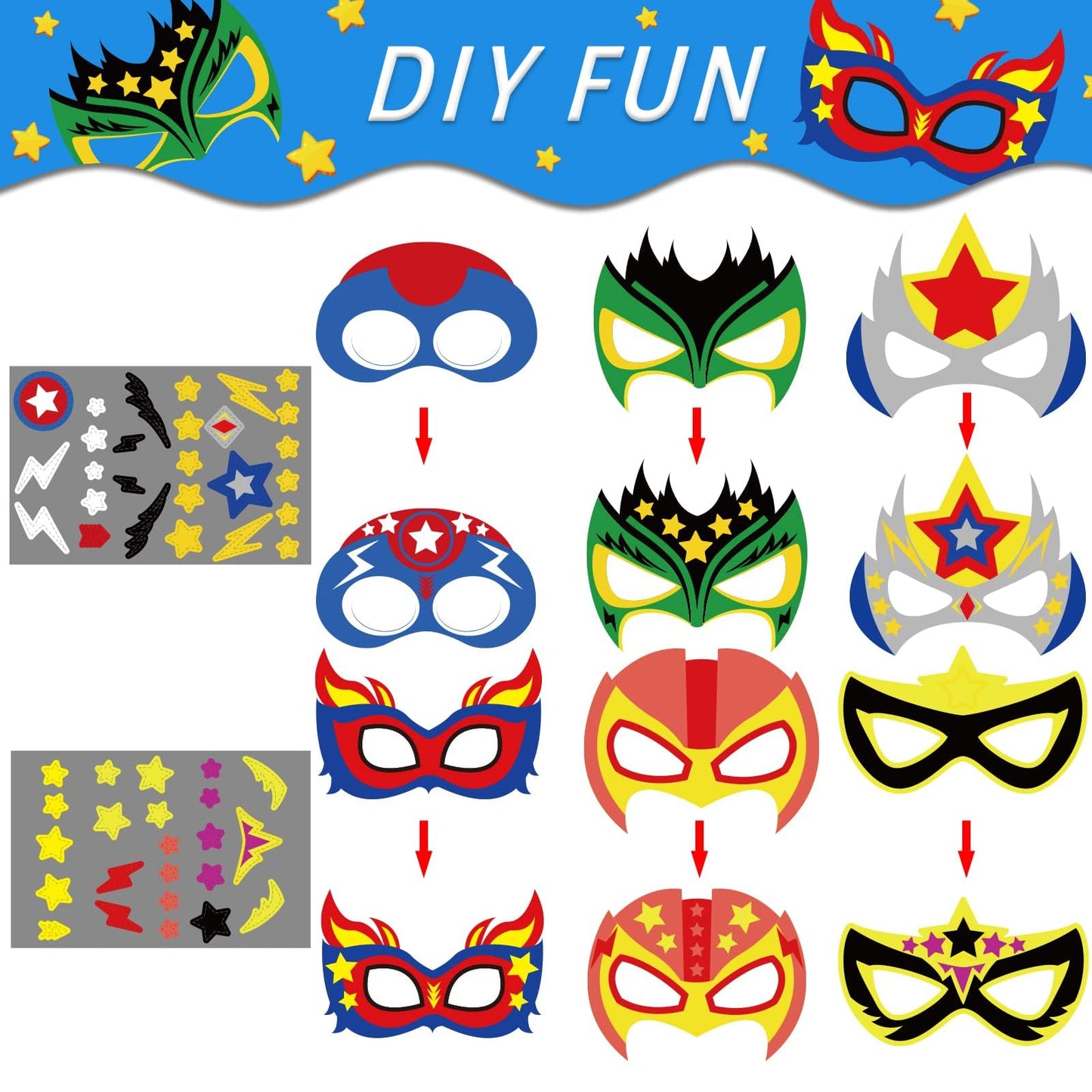 chiazllta 24 Packs Mask Your Own Super Theme Hero Masks Hero Craft Kits DIY Paper Masks Art Craft for Home Classroom Game Activities Party Favors