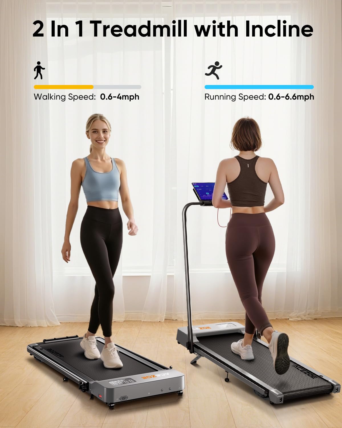 Acezoe 2-in-1 Foldable Treadmill with 3-Level 10% Incline, Walking Pad for Home Small Office, Compact Portable Under Desk Treadmill with Handle,Dual LED Display, APP & Remote, 300 lbs Capacity
