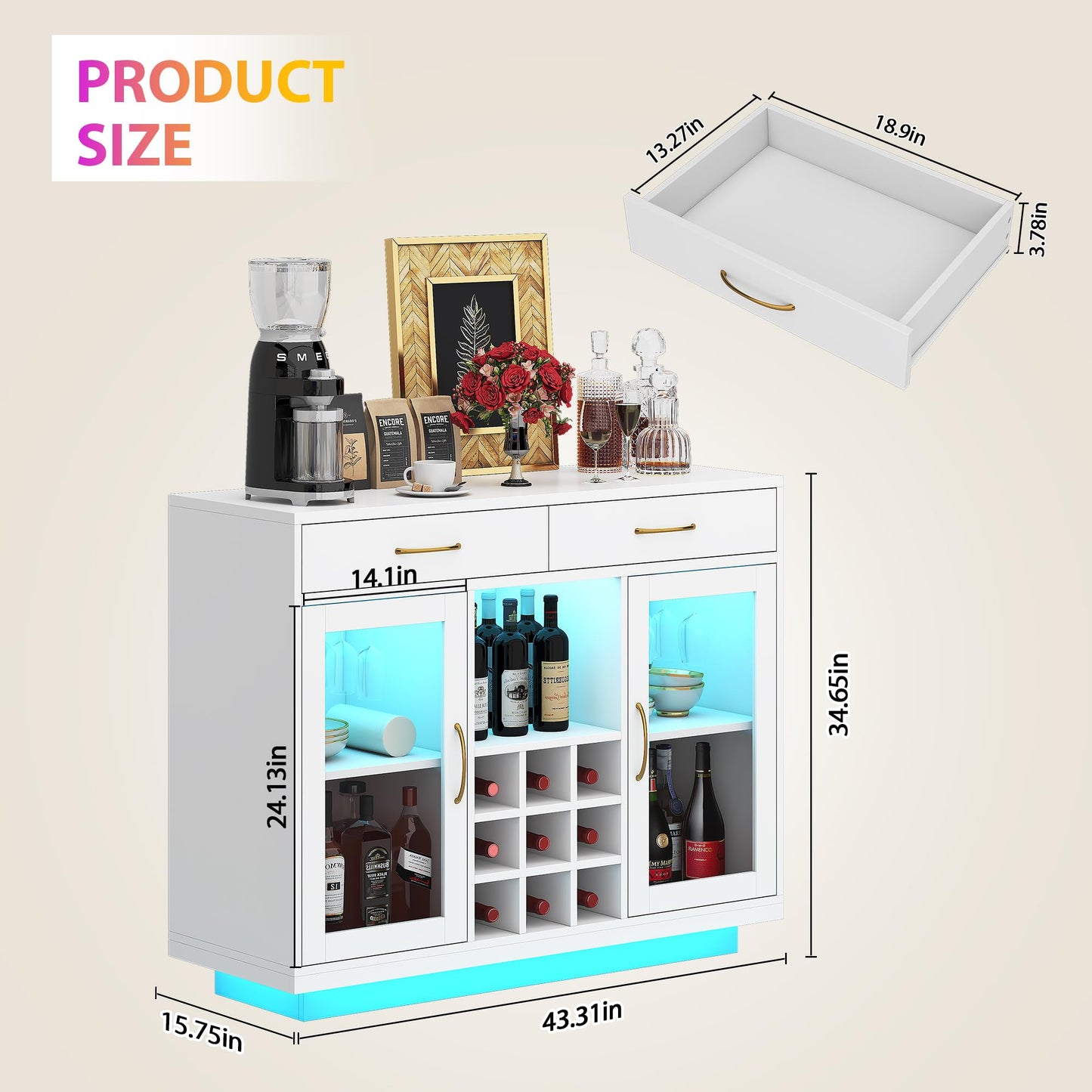 knoworld Wine Bar Cabinet with LED Lights, Liquor Cabinet with Wine and Glass Rack, Wine Cabinet Coffee Bar Cabinets, Kitchen Buffet Sideboard with Storage for Living Room, Dining Room