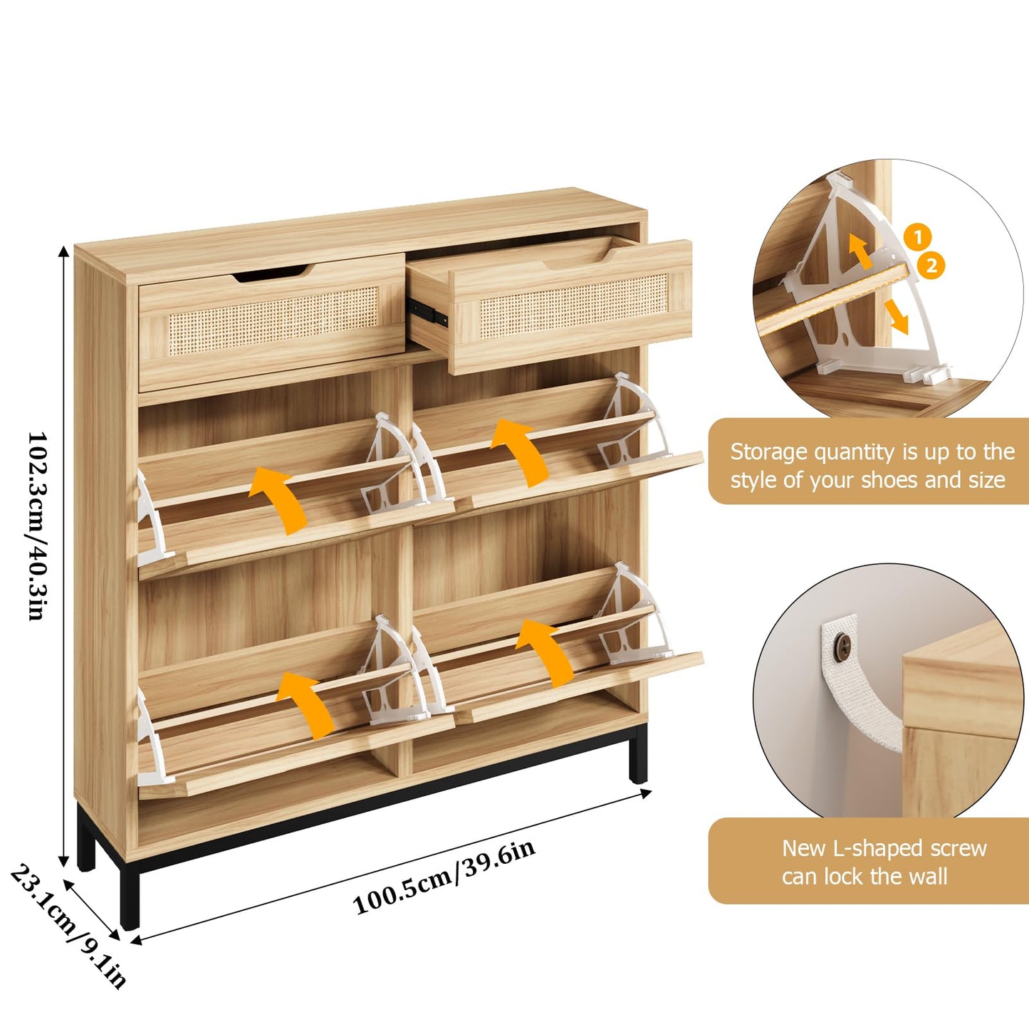 Jocoevol Rattan Shoe Cabinet for Entryway with 4 Flip Drawers & 2 Top Drawers, Freestanding Narrow Shoe Storage Cabinet with Metal Legs for Foyer, Hallway (Natural)