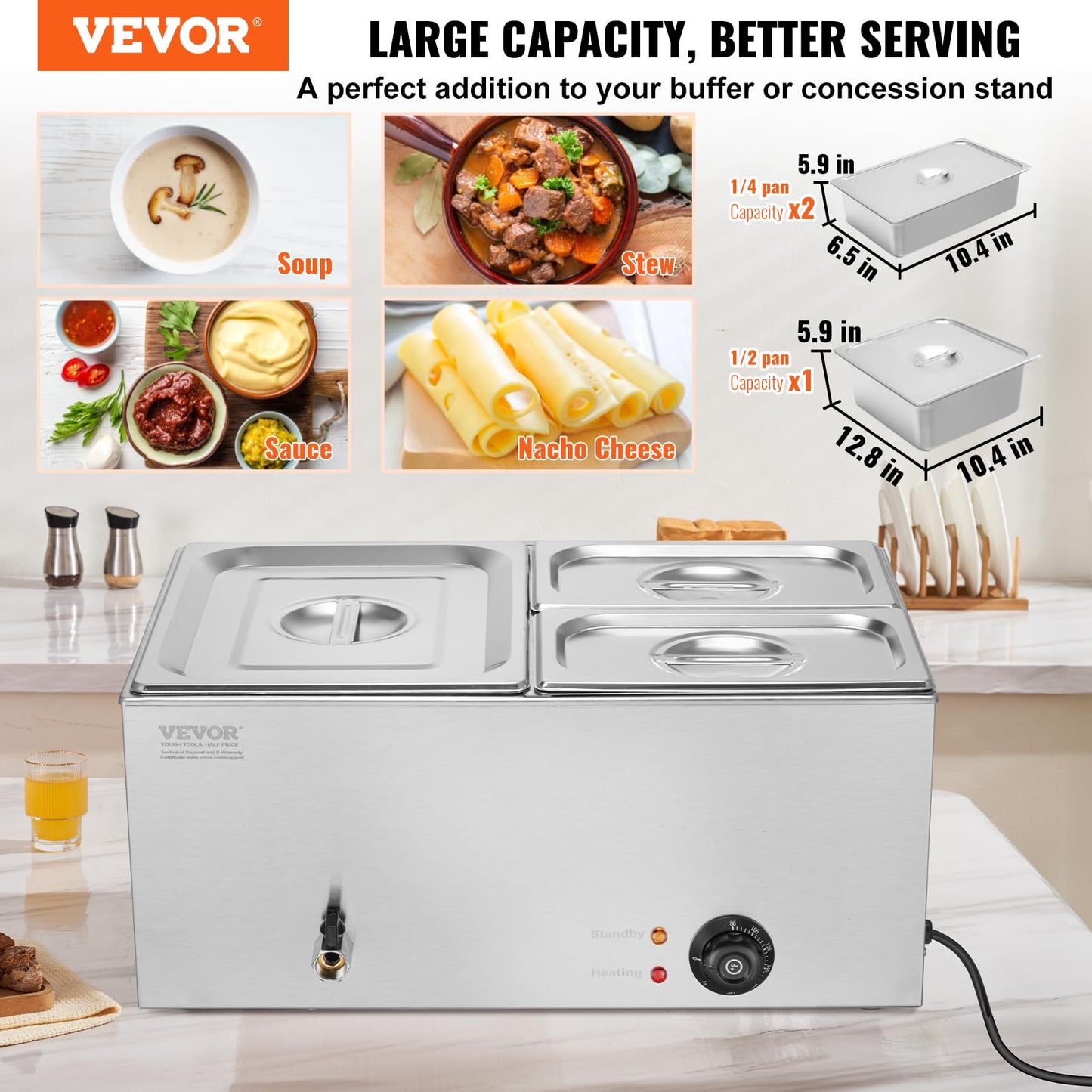VEVOR 3-Pan Commercial Food Warmer, 24QT Electric Steam Table, 1200W Professional Countertop Stainless Steel Buffet Bain Marie with 86-185°F Temp Control for Catering and Restaurants, Silver
