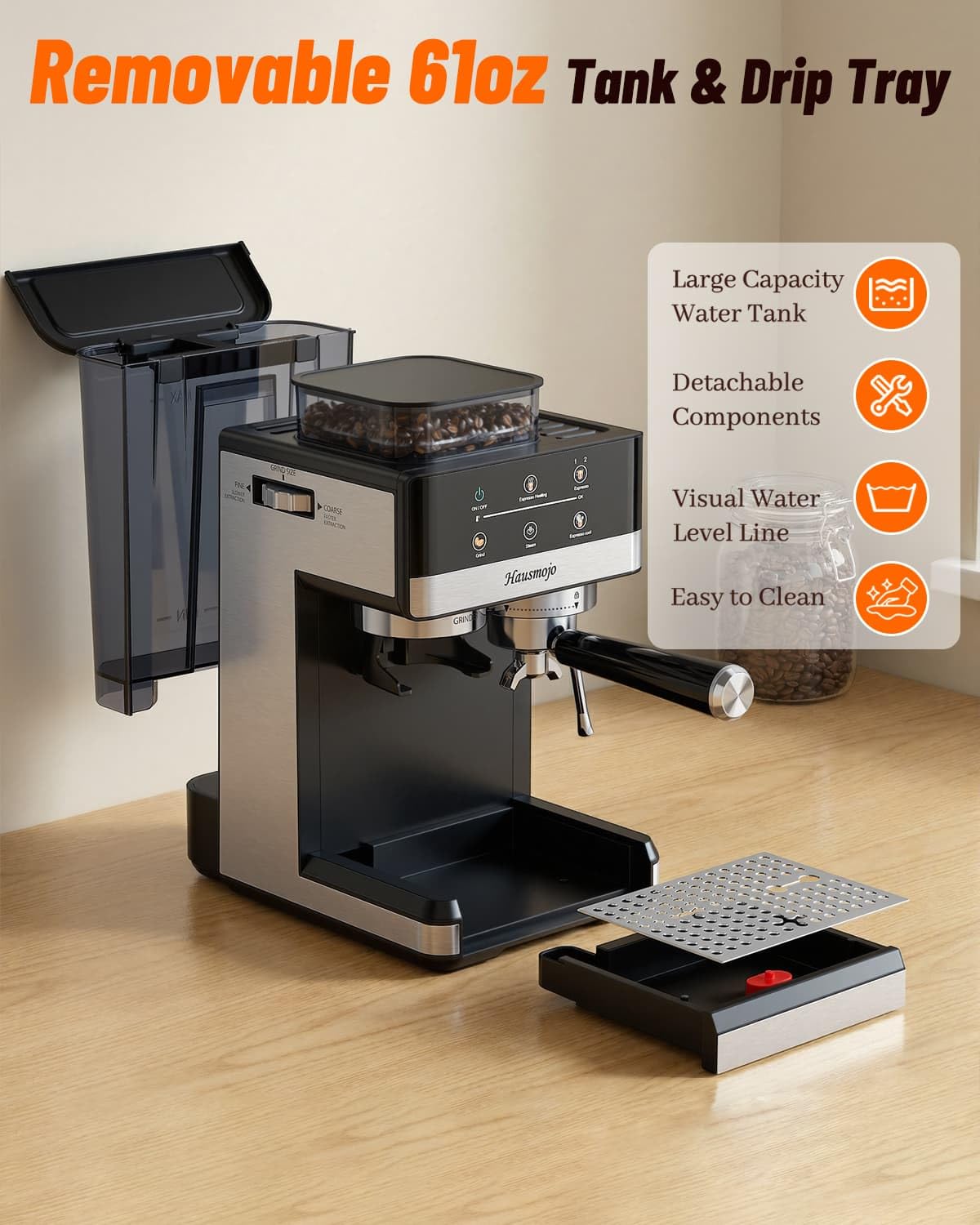 Hausmojo Espresso Machine with Grinder, 20Bar Expresso Coffee Machines with Milk Frother, Professional Compact Stainless Steel Coffee Maker for Espresso, Latte & Cappuccino, Perfect for Home Use