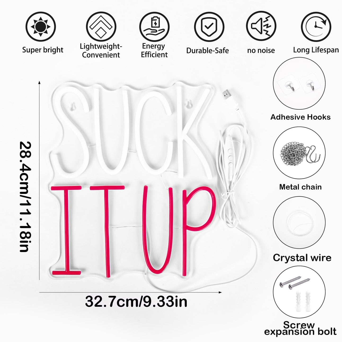 Mvorixa Suck It Up Neon Sign, Dimmable Funny Motivational LED Wall Light, Cool White & Red Neon Lights, USB Powered, 11.18x12.87 in, Home Office, Bedroom, Game Room, Man Cave, Teen Dorm Quotes Wall Decor