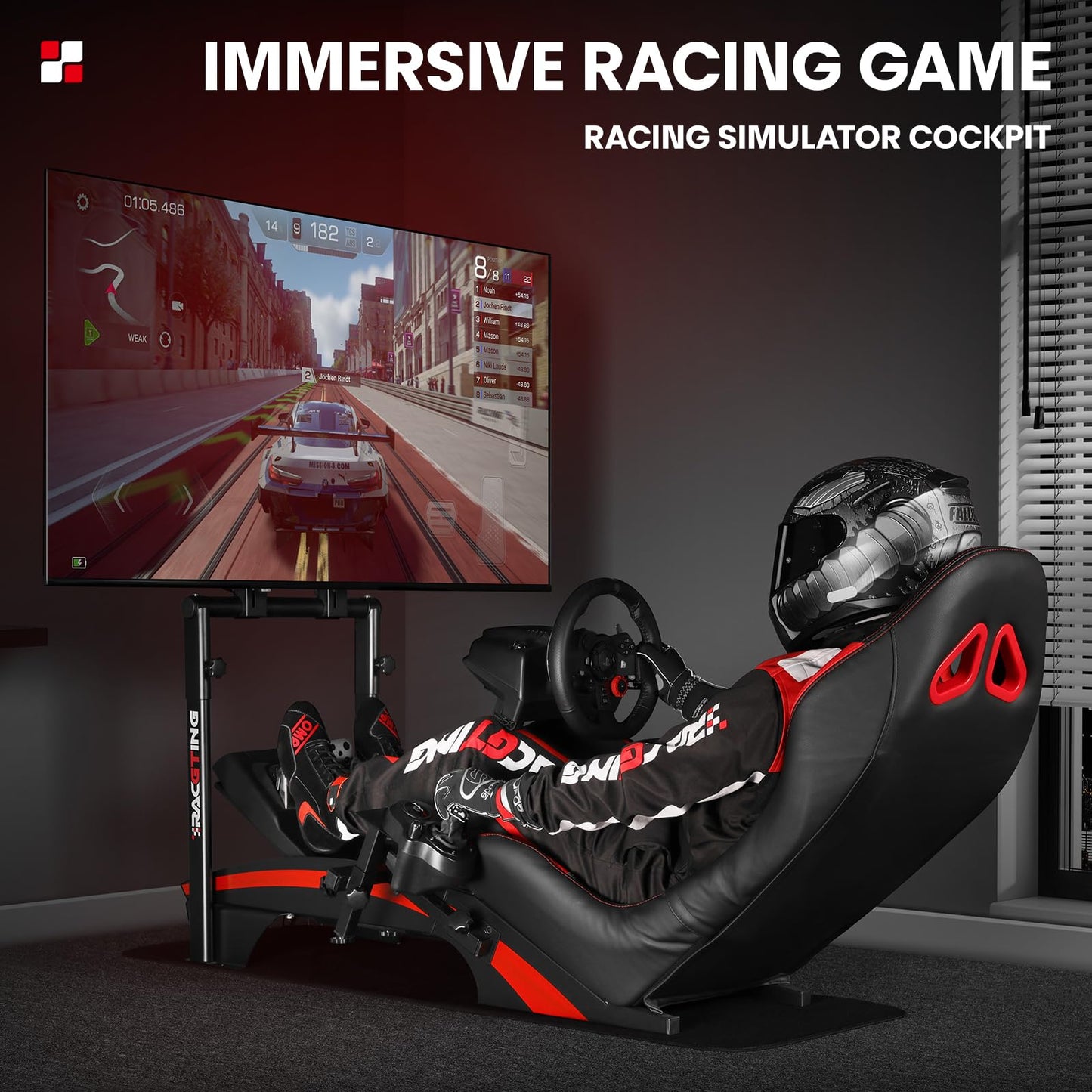 RACGTING Racing Simulator Cockpit with TV Monitor Stand for G PRO Racing Wheel/G29/G920/G923, for Thrustamster T300RS/TS-PC/TS-XW Racer, for FANATEC CSL DD/GT DD Pro/ClubSport DD/DD+