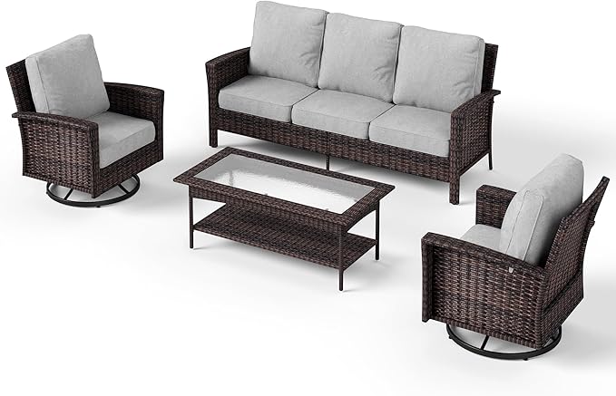 SUNSHINE VALLEY Patio Furniture Set with Swivel Chairs, High Back Wicker Rattan Furniture with 5.5" Thick Cushions and Coffee Table, Outdoor Conversation Set for Backyard Deck,5 Seats, Grey