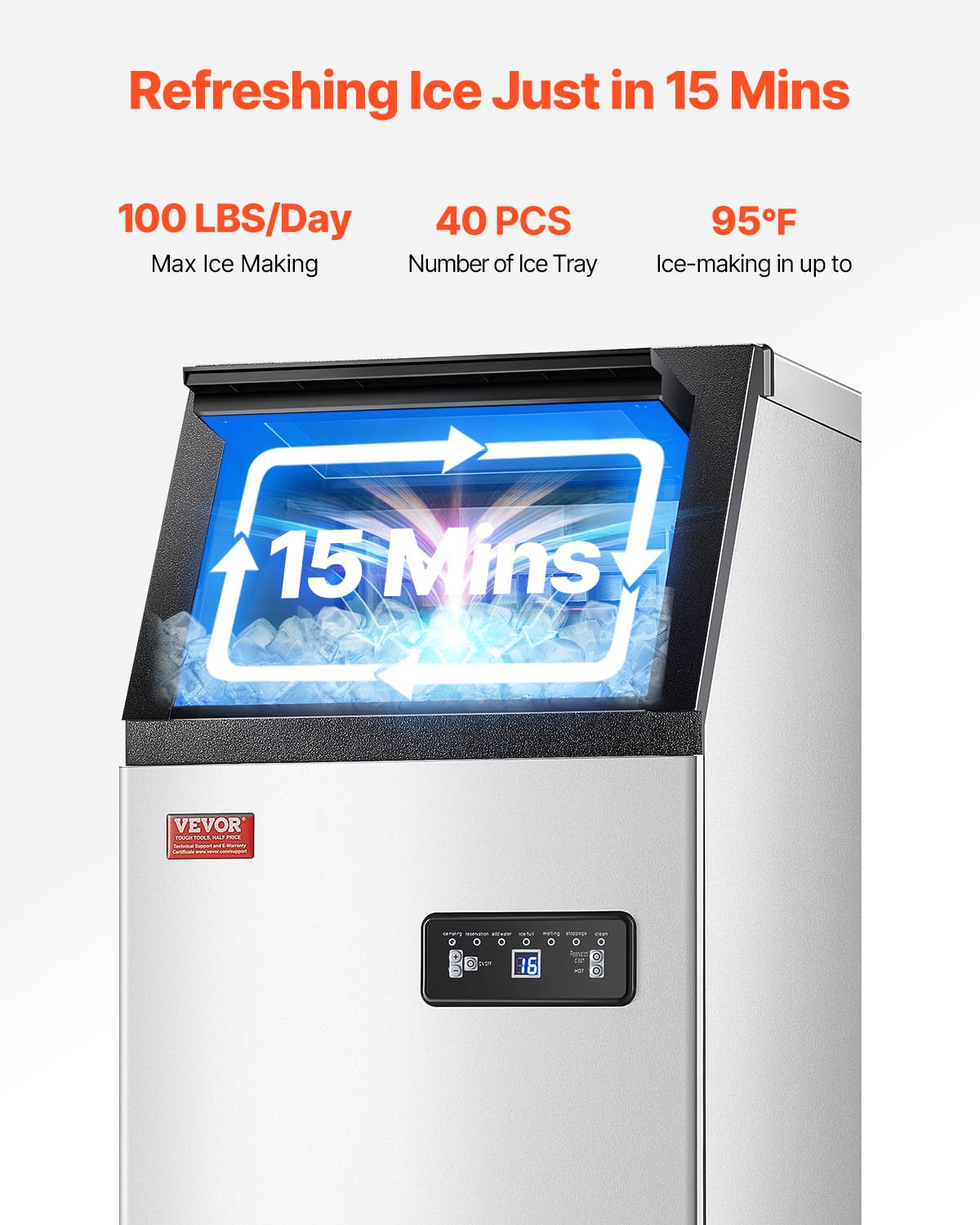 VEVOR Commercial Ice Maker, 100lbs/24H Ice Maker Machine with 28lbs Storage Capacity, 40 Ice Cubes in 15 Minutes, Freestanding Ice Maker for Bar Home Office Restaurant, LED Display, Self-Cleaning