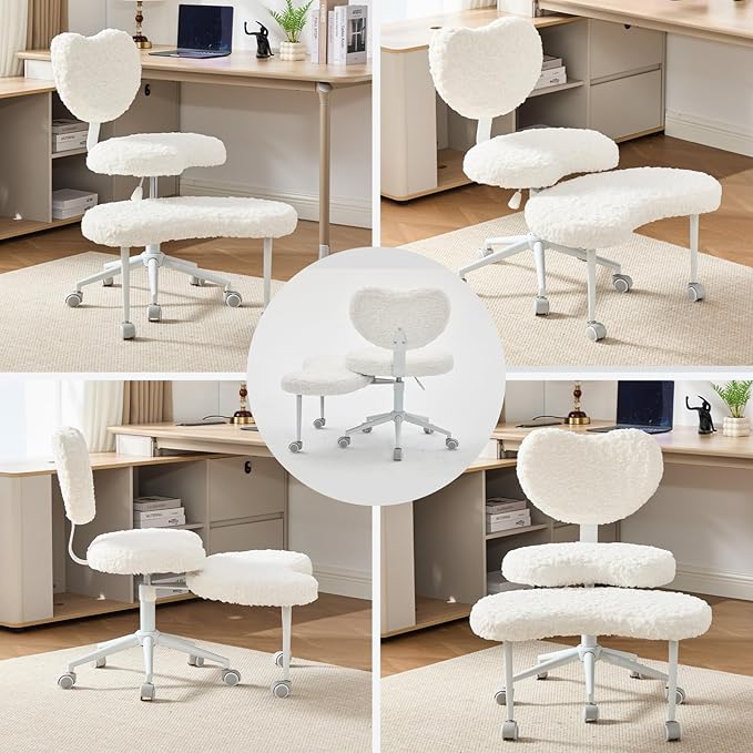 Meditation Chair with Wheels, Ergonomic Criss Cross Chair, Adjustable ADHD Floor Sitting Chair, Swivel Cross Legged Office Chair with High Back, Kneeling Posture Chair, Plush Faux Fur Fabric(Beige)