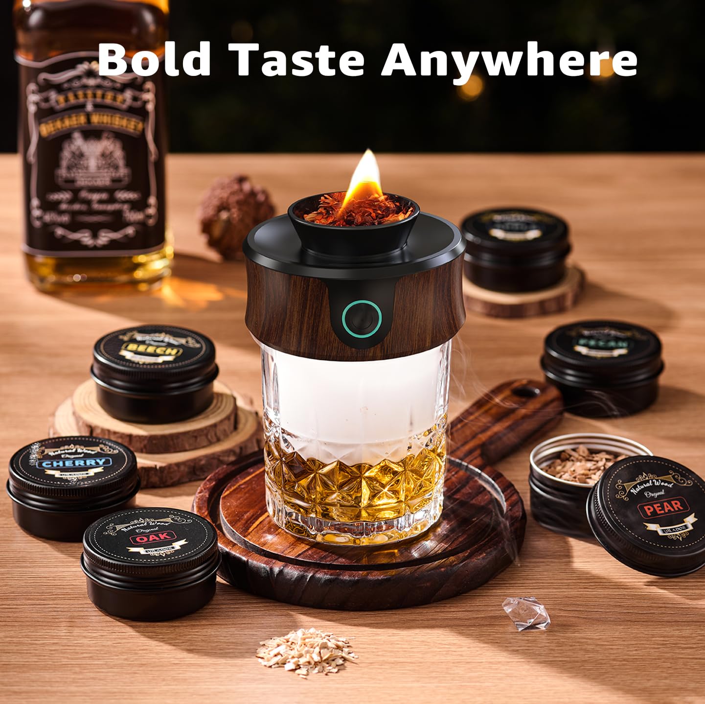 Electric Whiskey & Cocktail Smoker Kit with Torch โ Built-in Fan, 6 Wood Chips, Old Fashioned & Whiskey Drink Smoker, Ideal Gift for Dad & Men (Butane Not Included)