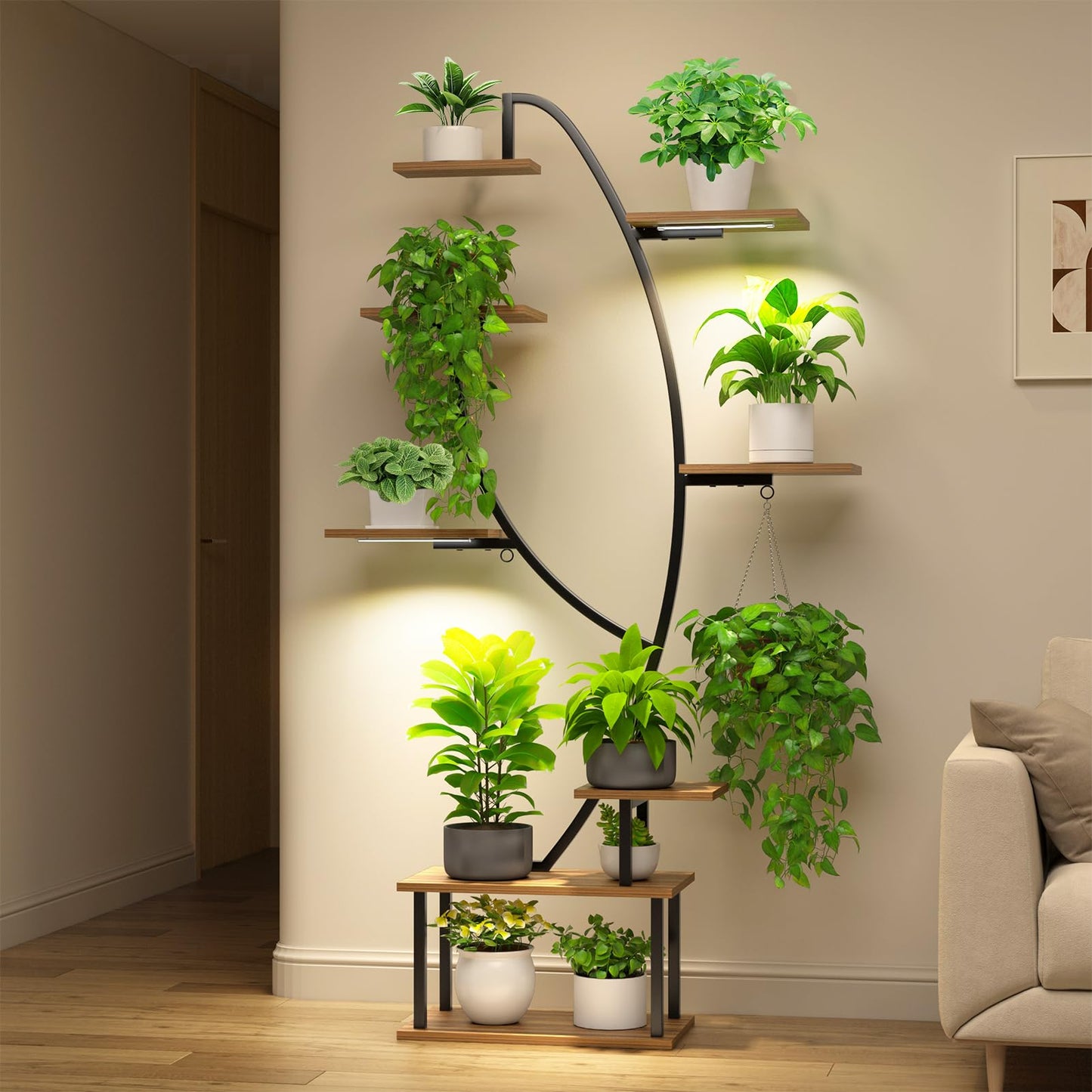 Zekoled Plant Stand Indoor with Grow Lights, Multi-layer Tall Metal Plants Shelf, Corner Plant Stand Indoor with Cable Ties & Safe Straps for Living Room, Patio (Swan Neck)