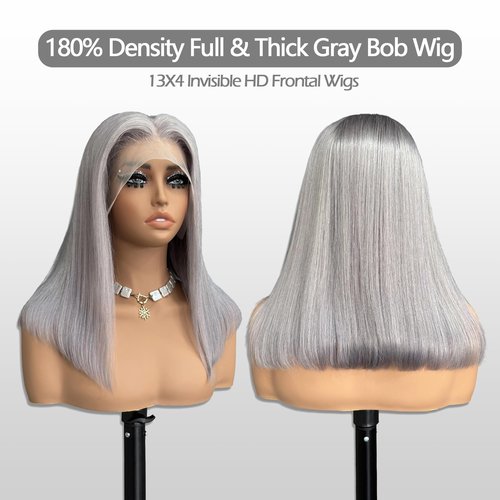 Bestvivid Dark Gray Bob Lace Front Wigs Human Hair HD Transparent Pre Plucked 13x4 Glueless with Baby Hairs 16inch Natural Hairline 100% Unprocessed Human Hair Grey Lace Frontal Blunt Cut Bob Wig