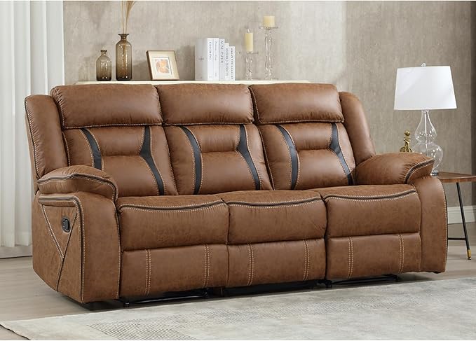 EBELLO Faux Leather Manual Reclining Sofa, 3 Seat Recliner Sofa Chair, Couch Furniture for Living Room, Furniture, Meeting Room, Brown (3 Seat Sofa)