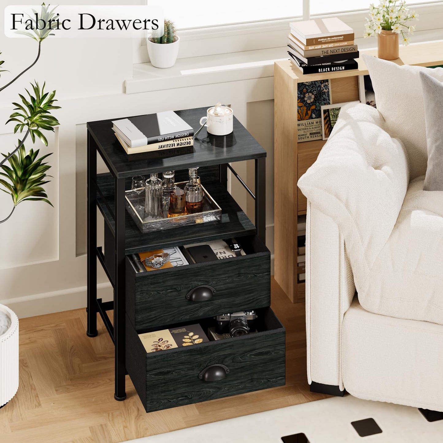 Furologee Nightstands Set 2, End Tables with 2 Fabric Drawers, Bedside Tables with Hooks and Shelf, Side Tables for Bedroom/Living Room/Study/Black Oak