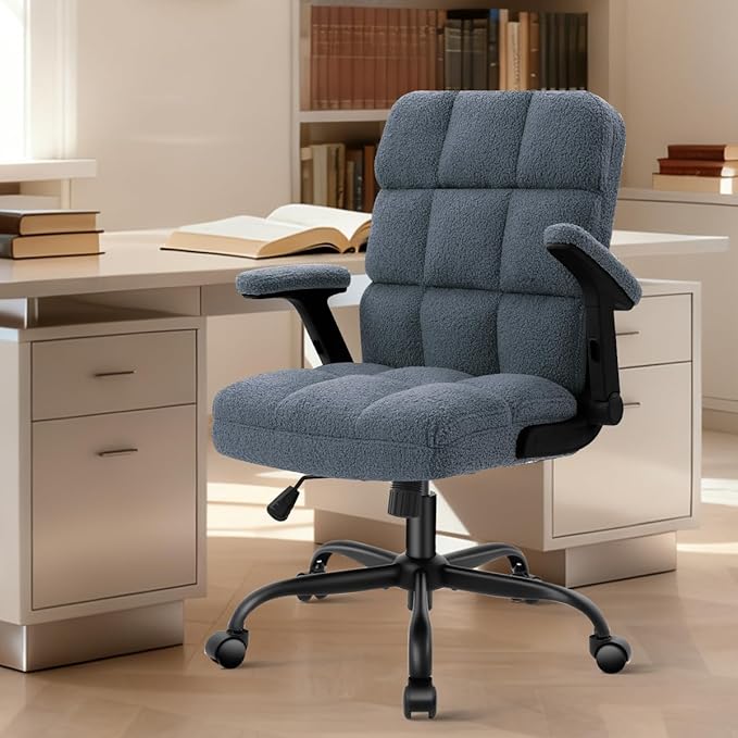 SEATZONE Blue Office Chair with Wheels,Ergonomic Home Office Computer Chair with Flip-up Armrest,Comfy Adjustable Rolling Chair Teddy Fleece